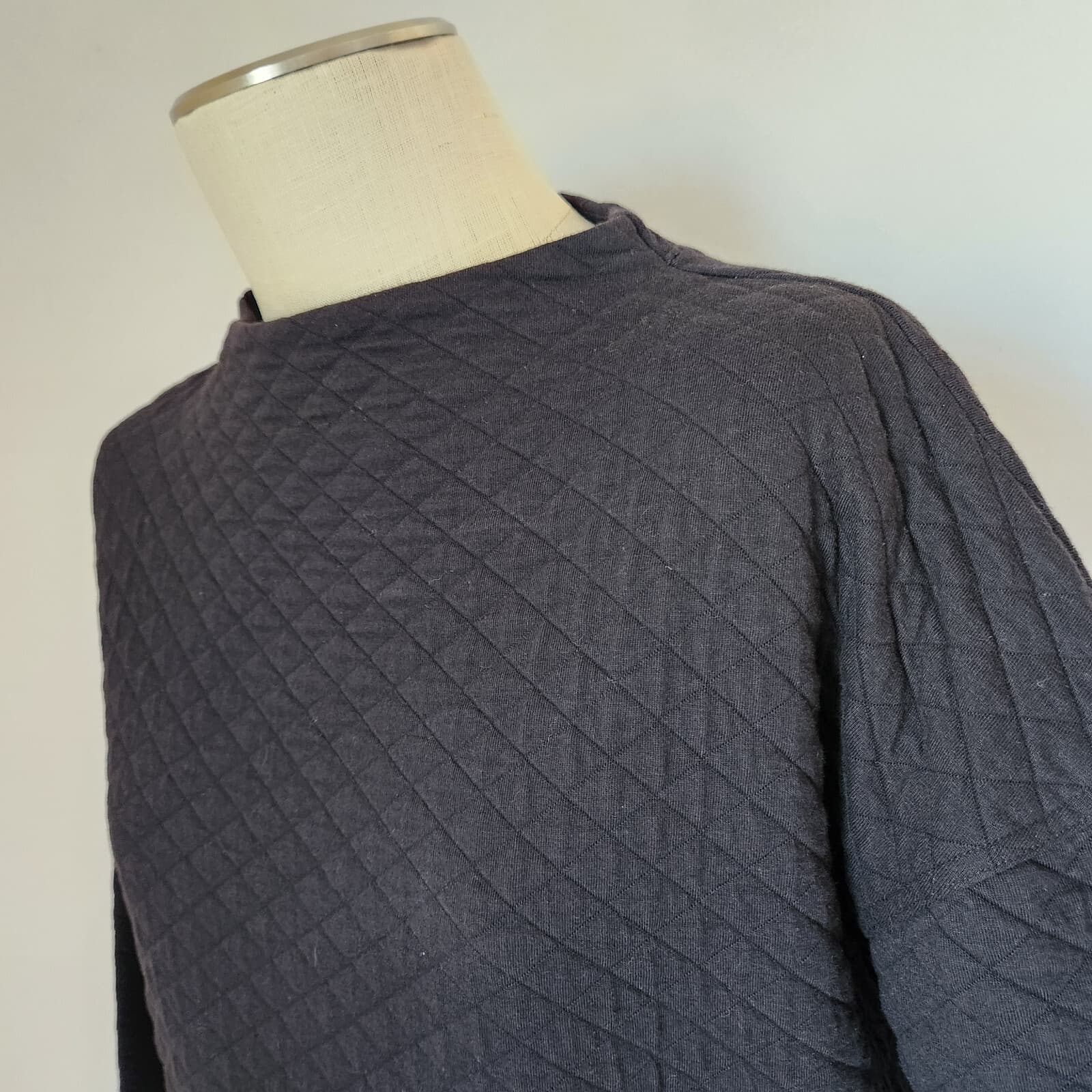 EILEEN FISHER Quilted Boxy Top Sweatshirt Mock Neck Organic Cotton Black Sz.PL - Thumbnail 3