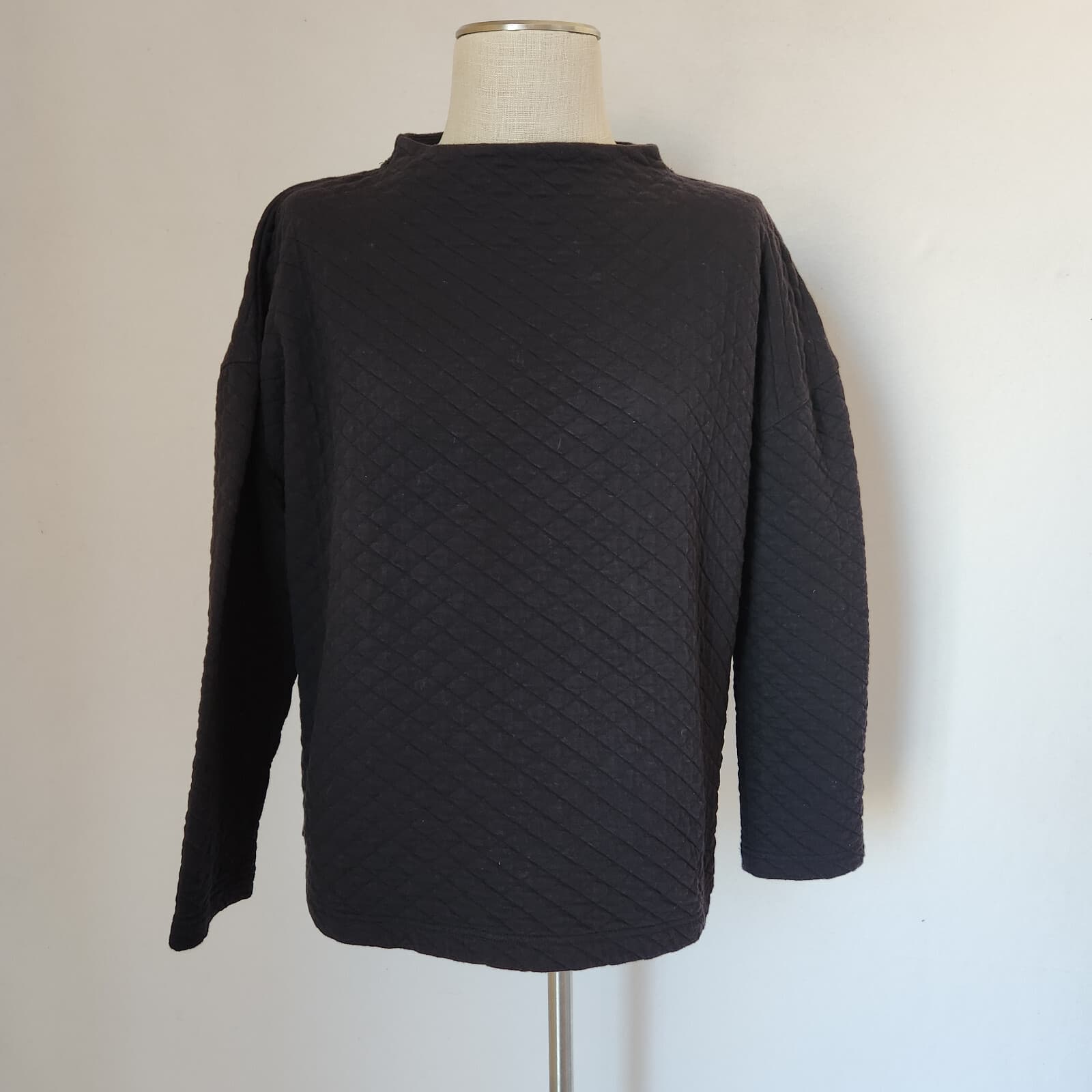 EILEEN FISHER Quilted Boxy Top Sweatshirt Mock Neck Organic Cotton Black Sz.PL - Thumbnail 5