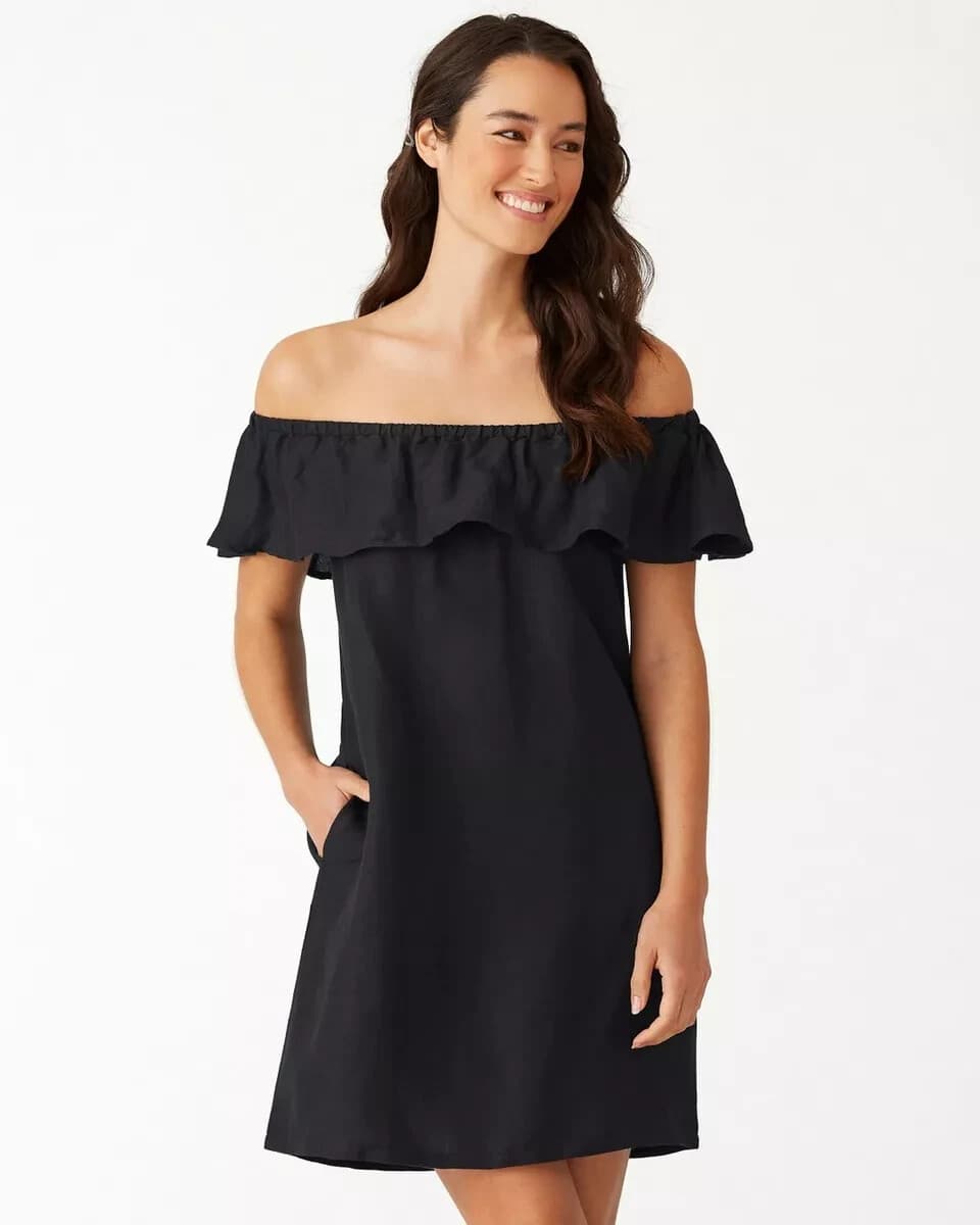 Tommy Bahama St. Lucia Off The Shoulder Mini Dress Pocket Linen Blend Black Sz.S - Thumbnail 4