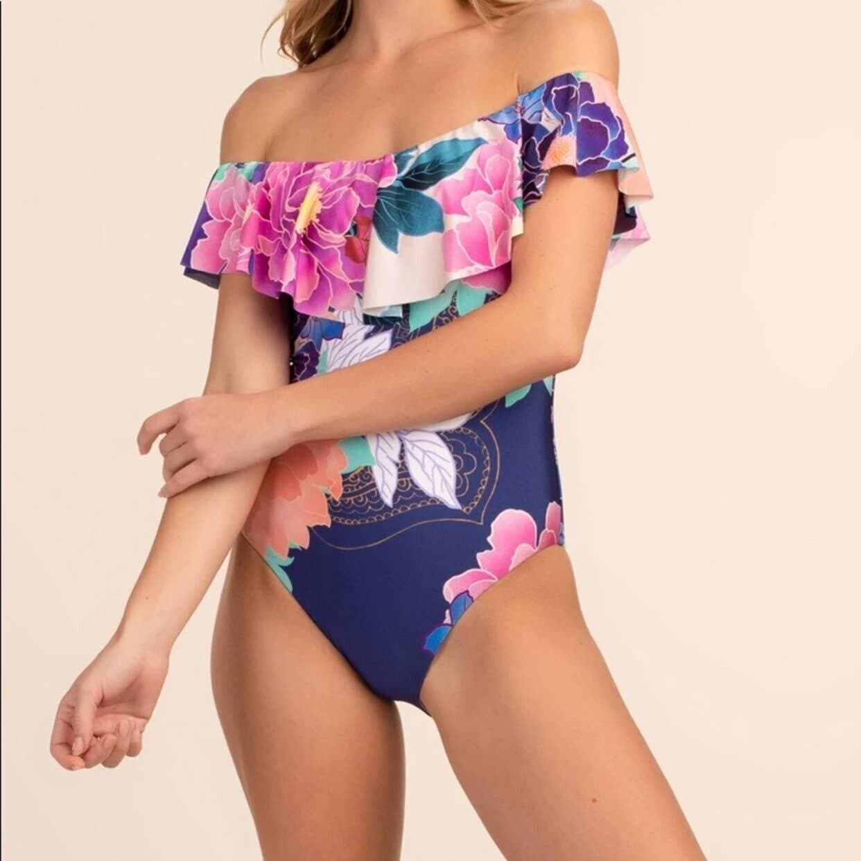 NWT $162 Trina Turk Opulent Floral Off-Shoulder Bandeau One-Piece Swimsuit Sz.12 - Thumbnail 2