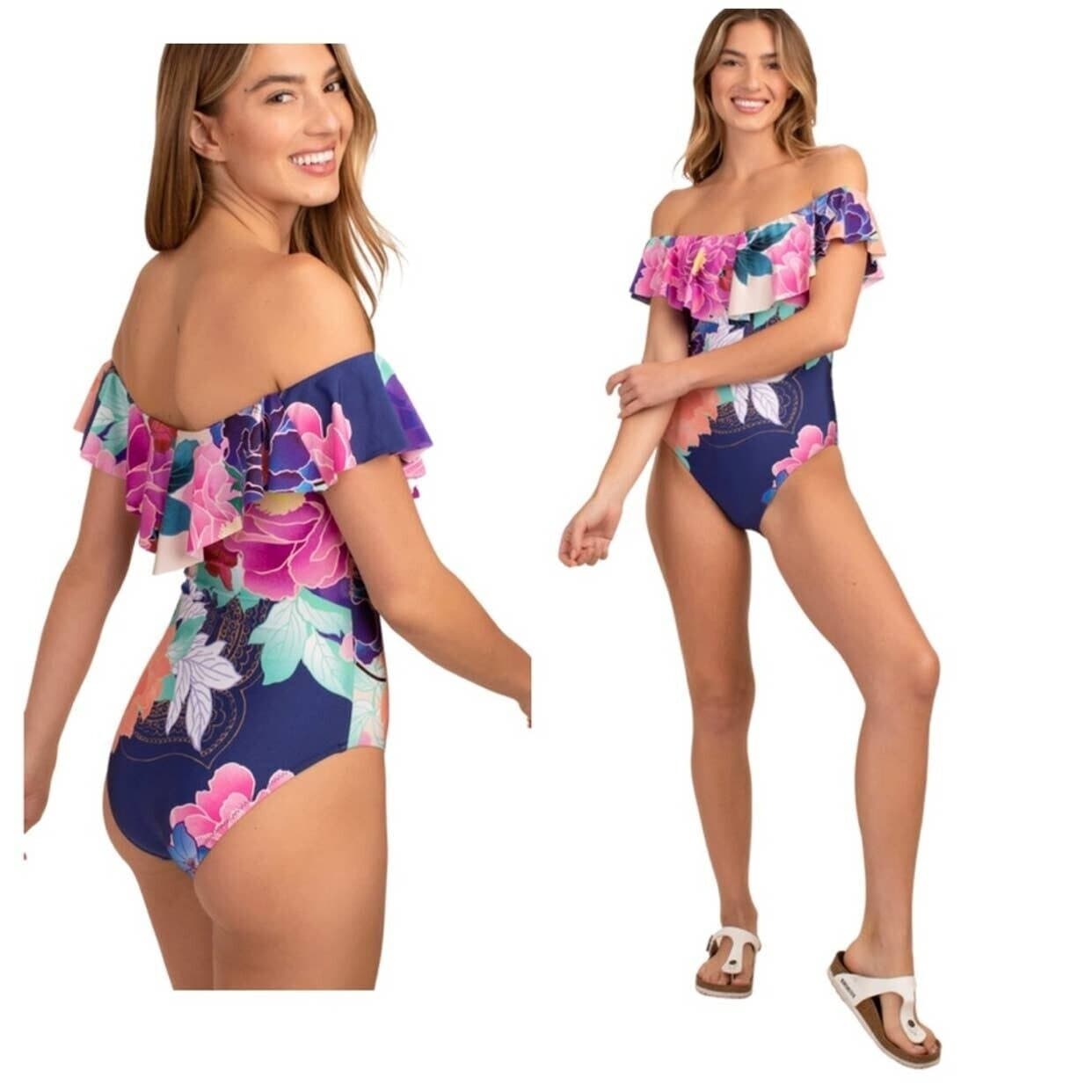 NWT $162 Trina Turk Opulent Floral Off-Shoulder Bandeau One-Piece Swimsuit Sz.12 - Thumbnail 5