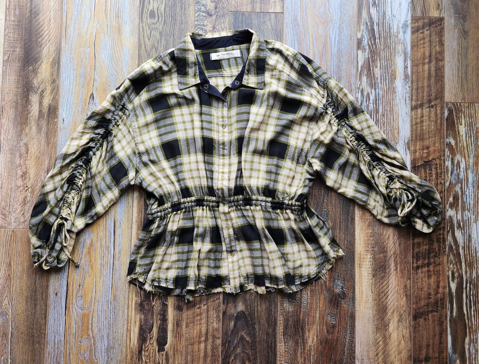 NWoT We The Free Pacific Down Wool Blend Plaid Shirt Snap Tie-Back Green Woman M - Thumbnail 7