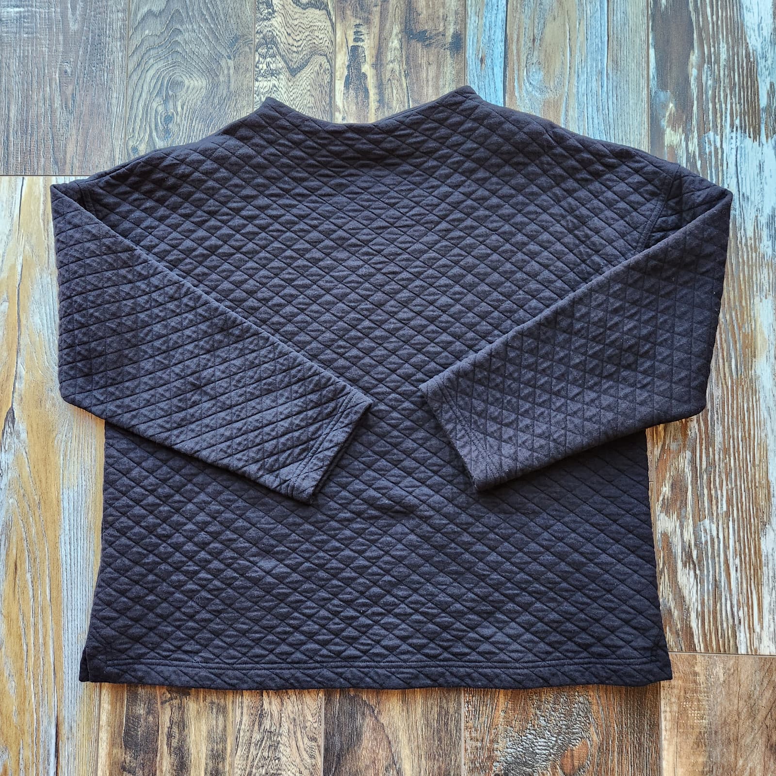 EILEEN FISHER Quilted Boxy Top Sweatshirt Mock Neck Organic Cotton Black Sz.PL - Thumbnail 2
