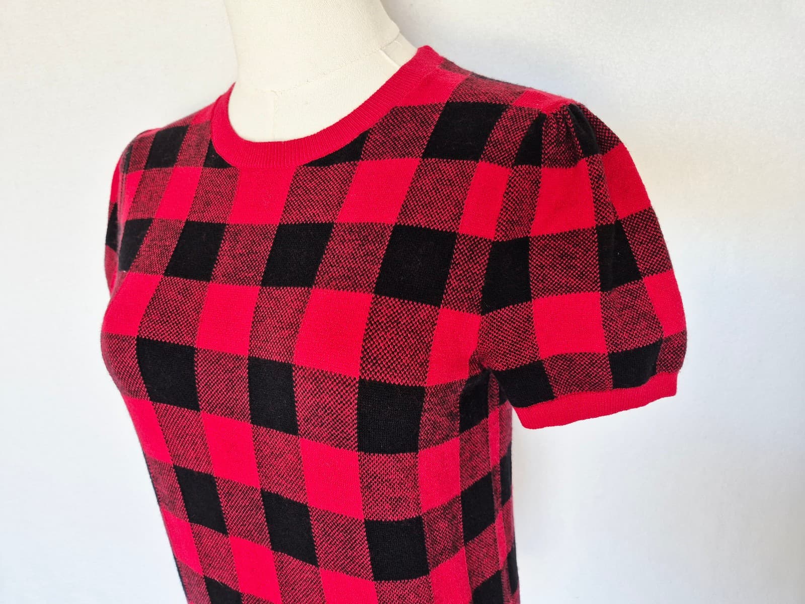 Polo Ralph Lauren Cotton Wool Red Black Buffalo Plaid Short Sleeve Sweater Sz.M - Thumbnail 4