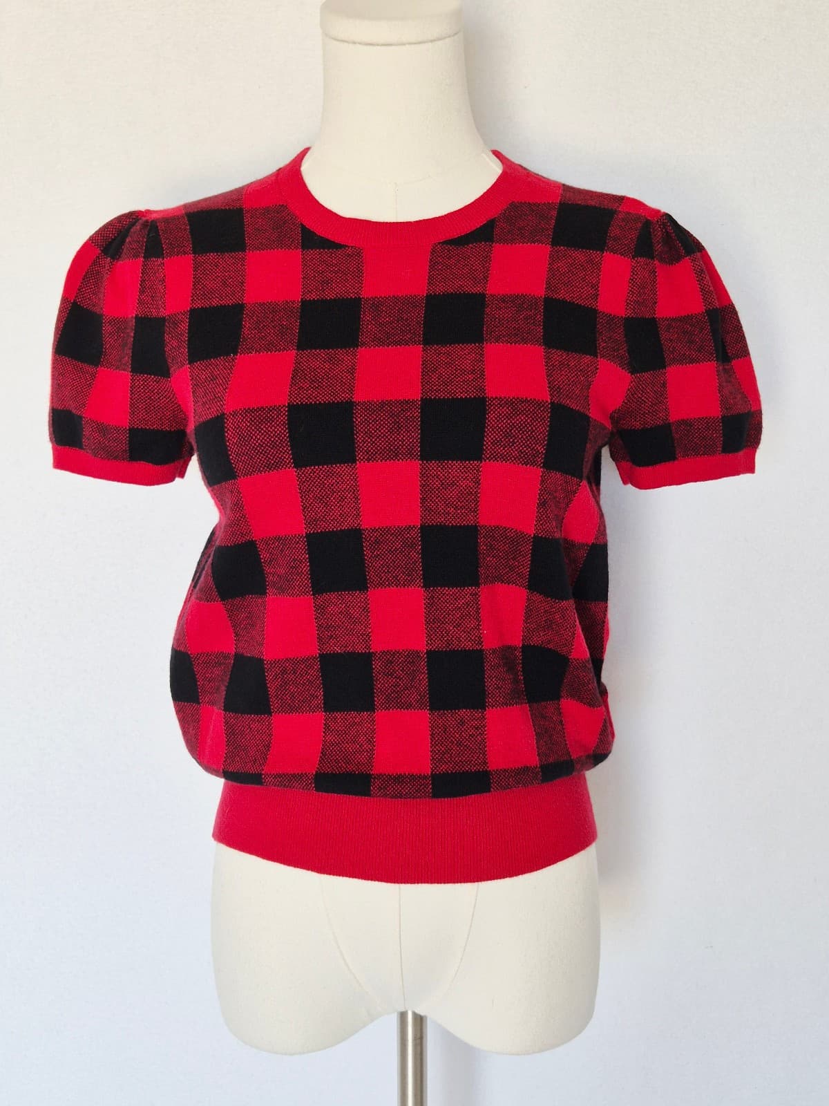 Polo Ralph Lauren Cotton Wool Red Black Buffalo Plaid Short Sleeve Sweater Sz.M - Thumbnail 2