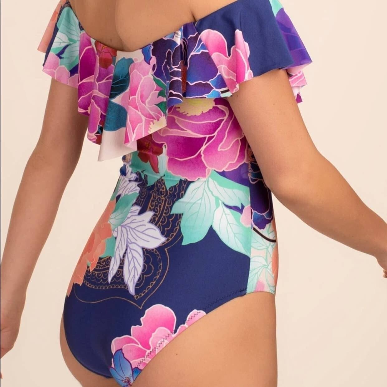NWT $162 Trina Turk Opulent Floral Off-Shoulder Bandeau One-Piece Swimsuit Sz.12 - Thumbnail 4