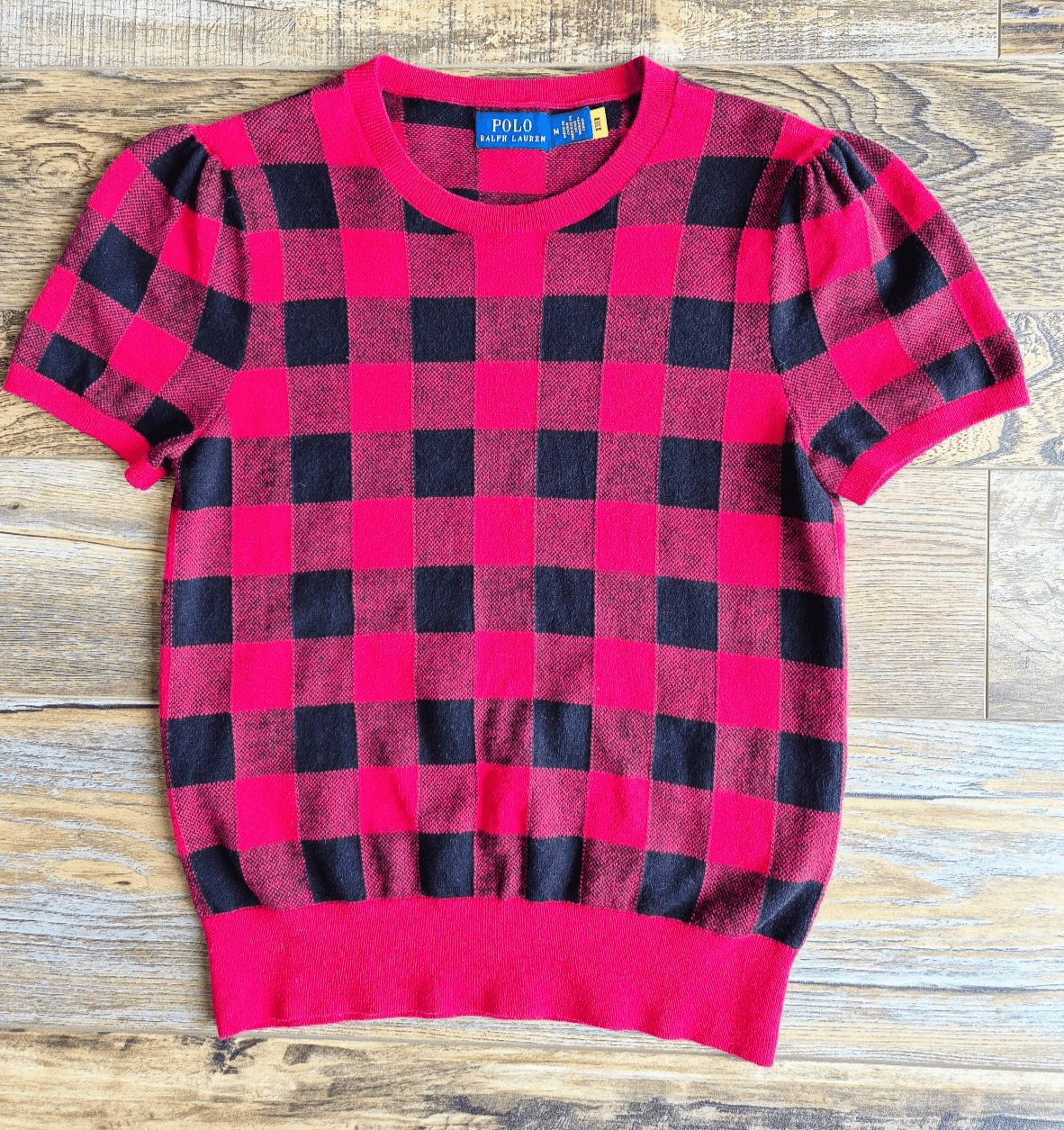 Polo Ralph Lauren Cotton Wool Red Black Buffalo Plaid Short Sleeve Sweater Sz.M - Thumbnail 7