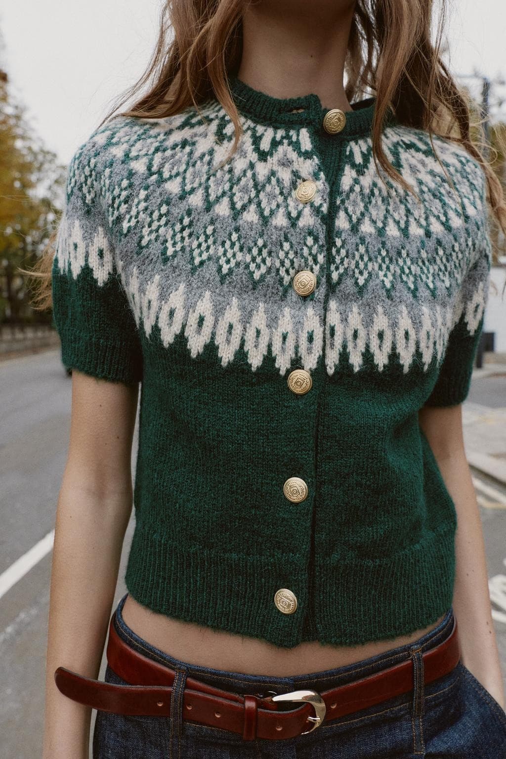 Zara Fair Isle Jacquard Wool Alpca Gold Button Short Sleeve Cardigan Green Sz.M - Thumbnail 5