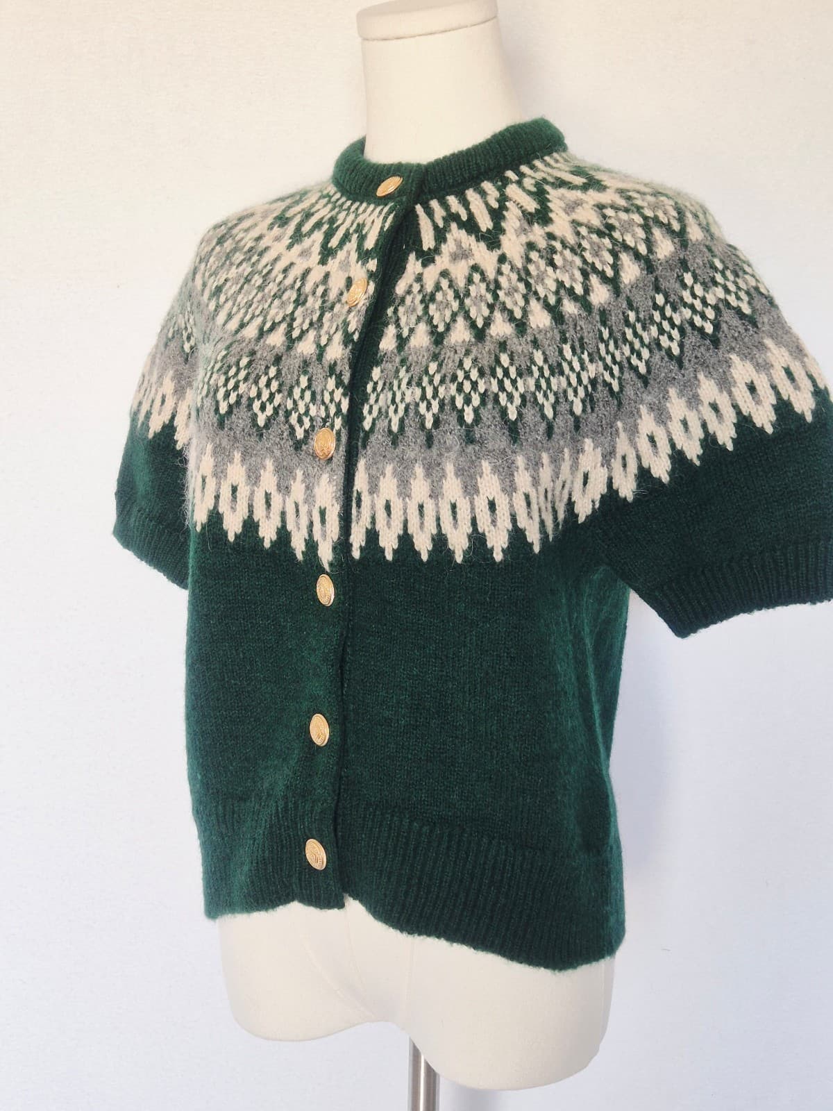 Zara Fair Isle Jacquard Wool Alpca Gold Button Short Sleeve Cardigan Green Sz.M - Thumbnail 2