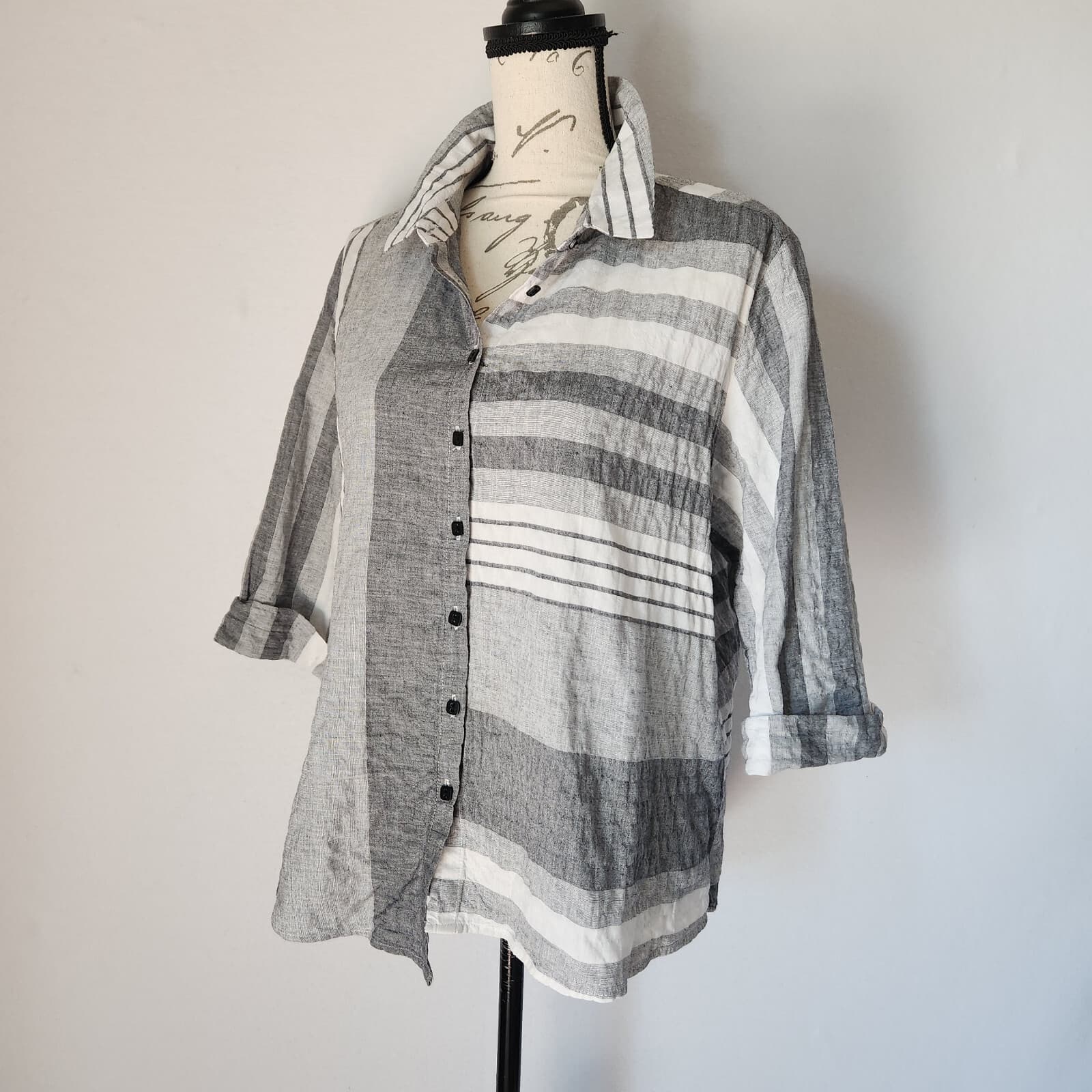 Habitat Lagenlook Striped Button Front-Back Shrit Long Sleeve Grey White Sz.M - Thumbnail 4