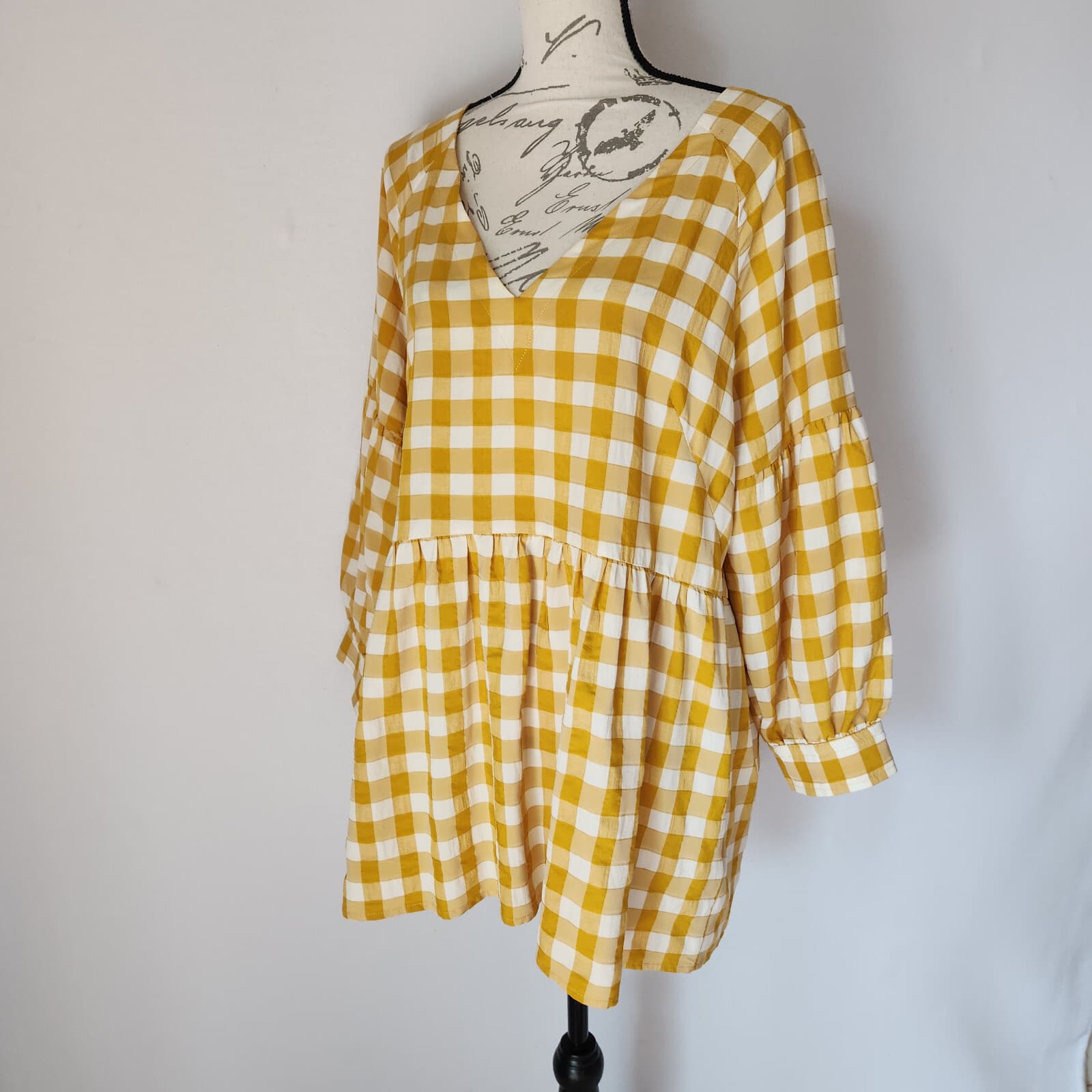 Maeve Anthropologie April Babydoll Blouse 3/4 Sleeve Gingham Yellow White Sz.L - Thumbnail 3