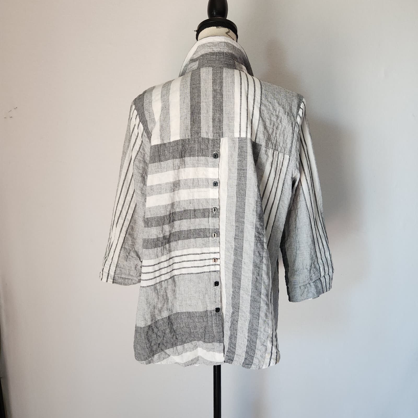 Habitat Lagenlook Striped Button Front-Back Shrit Long Sleeve Grey White Sz.M - Thumbnail 2