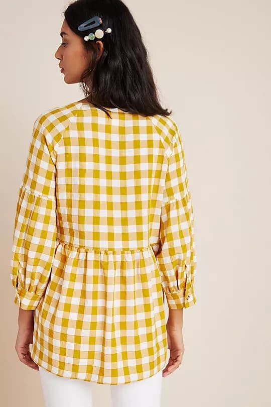 Maeve Anthropologie April Babydoll Blouse 3/4 Sleeve Gingham Yellow White Sz.L - Thumbnail 5