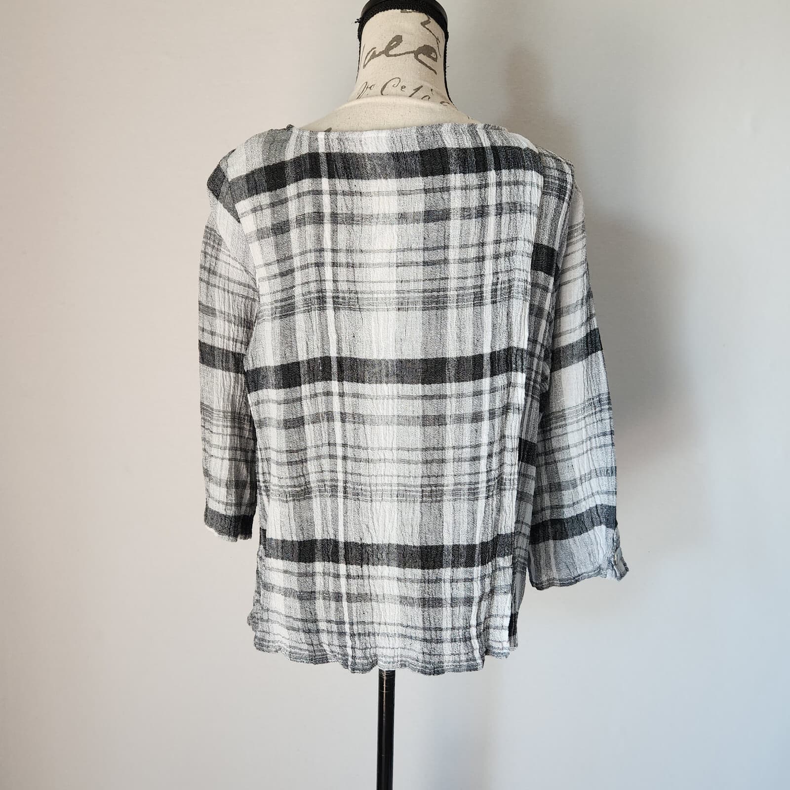 Habitat Lagenlook Linen Blend Crinkle Blouse 3/4 Sleeve Plaid Black Grey Sz.M - Thumbnail 4