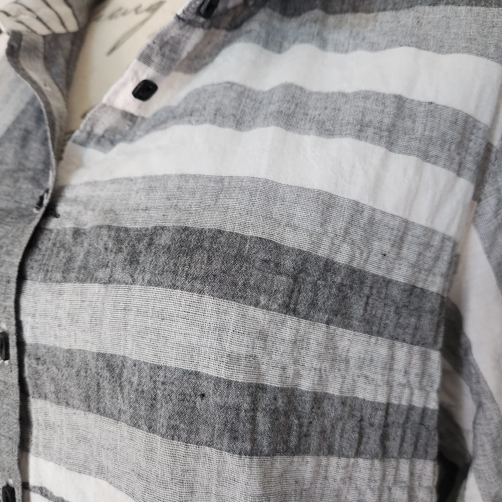Habitat Lagenlook Striped Button Front-Back Shrit Long Sleeve Grey White Sz.M - Thumbnail 5