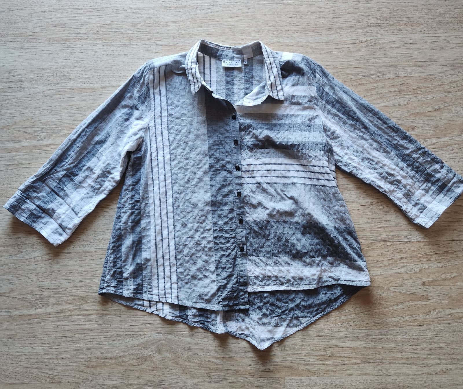 Habitat Lagenlook Striped Button Front-Back Shrit Long Sleeve Grey White Sz.M - Thumbnail 6