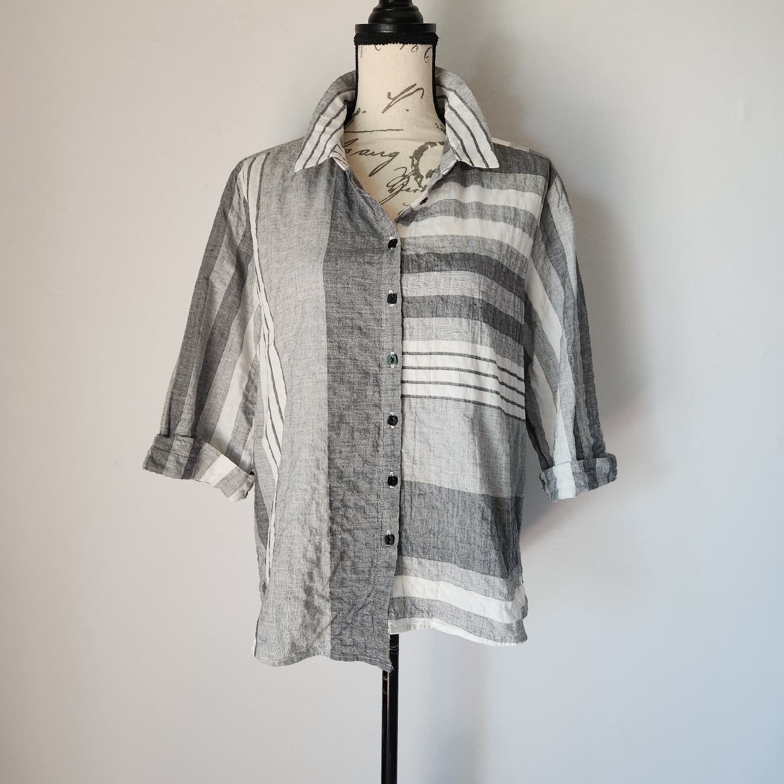 Habitat Lagenlook Striped Button Front-Back Shrit Long Sleeve Grey White Sz.M - Thumbnail 3