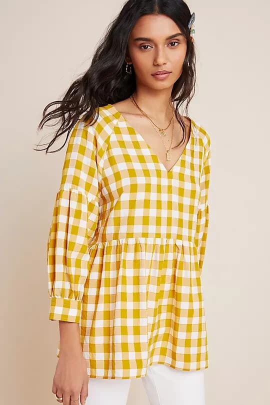 Maeve Anthropologie April Babydoll Blouse 3/4 Sleeve Gingham Yellow White Sz.L - Thumbnail 2