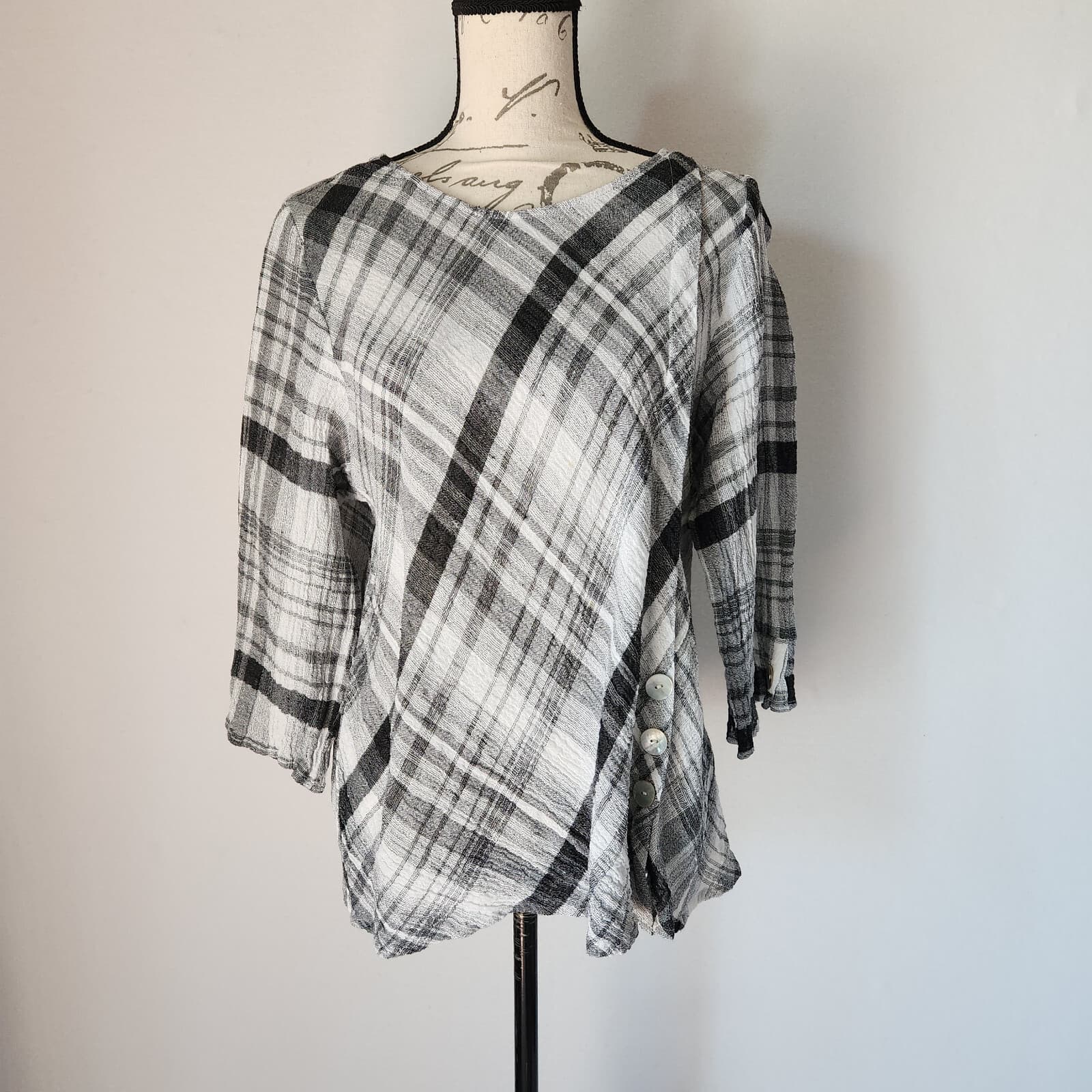 Habitat Lagenlook Linen Blend Crinkle Blouse 3/4 Sleeve Plaid Black Grey Sz.M - Thumbnail 2