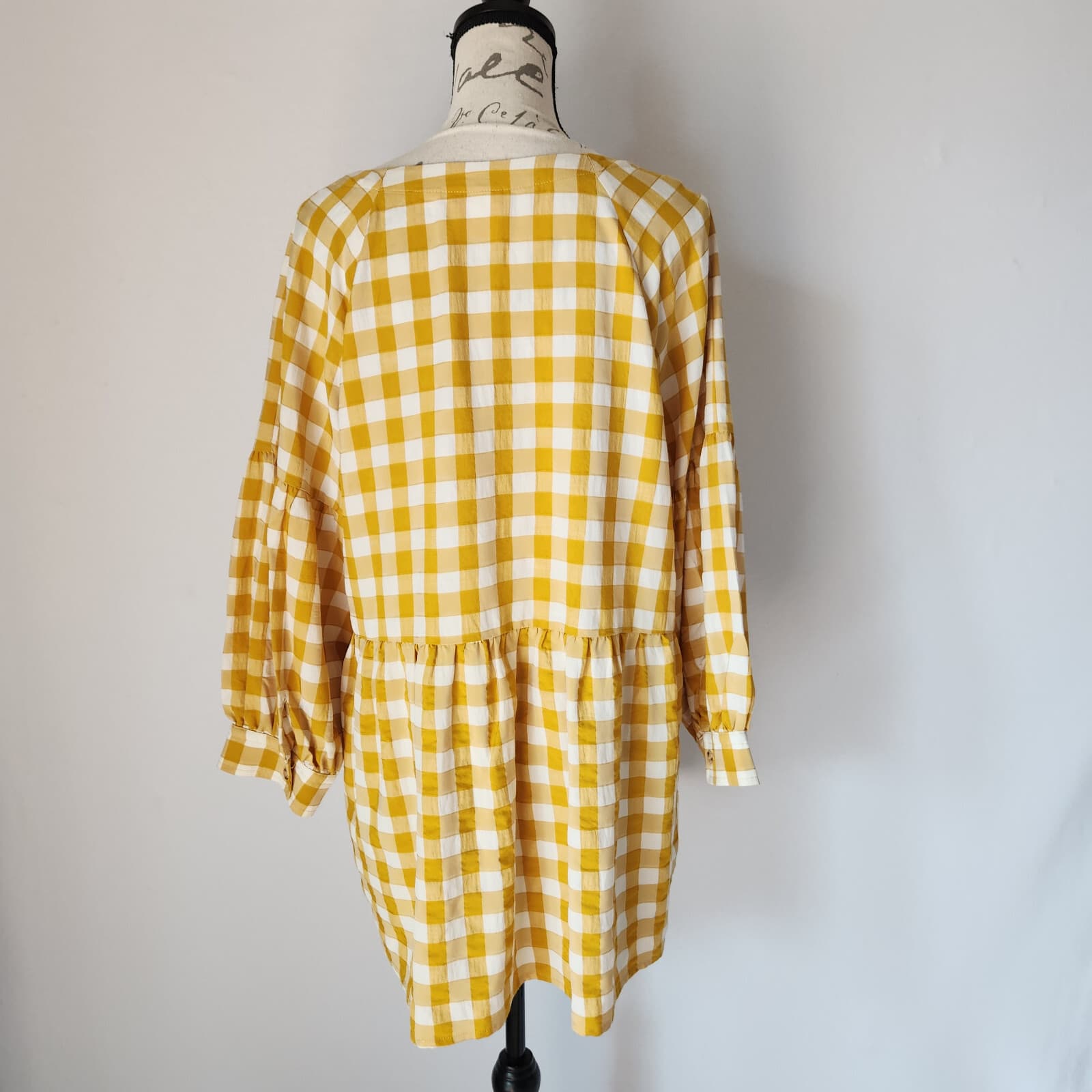 Maeve Anthropologie April Babydoll Blouse 3/4 Sleeve Gingham Yellow White Sz.L - Thumbnail 6