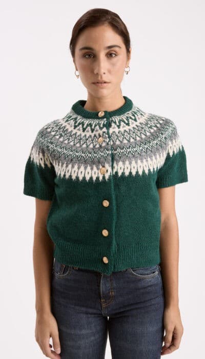 Zara Fair Isle Jacquard Wool Alpca Gold Button Short Sleeve Cardigan Green Sz.M - Thumbnail 8