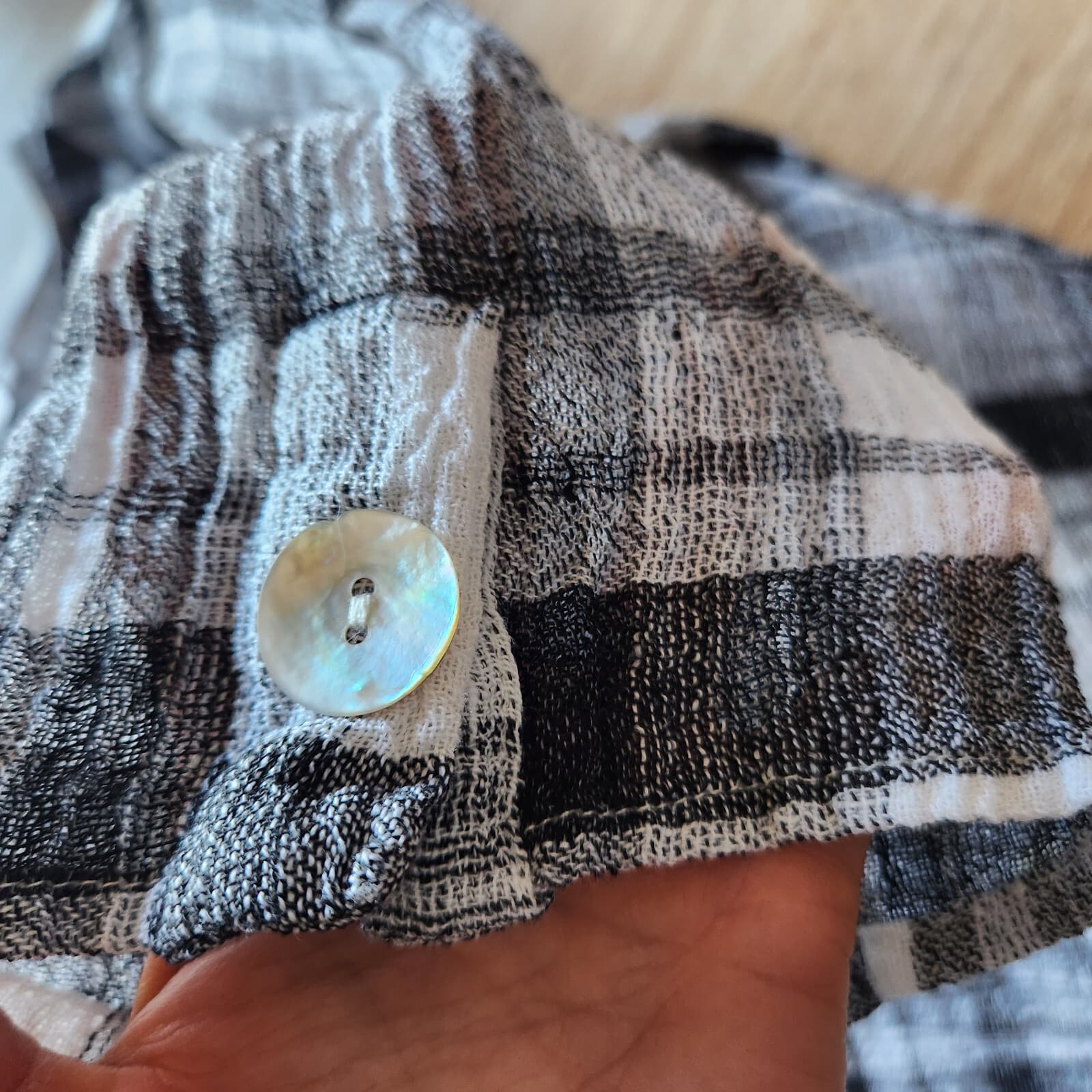 Habitat Lagenlook Linen Blend Crinkle Blouse 3/4 Sleeve Plaid Black Grey Sz.M - Thumbnail 8