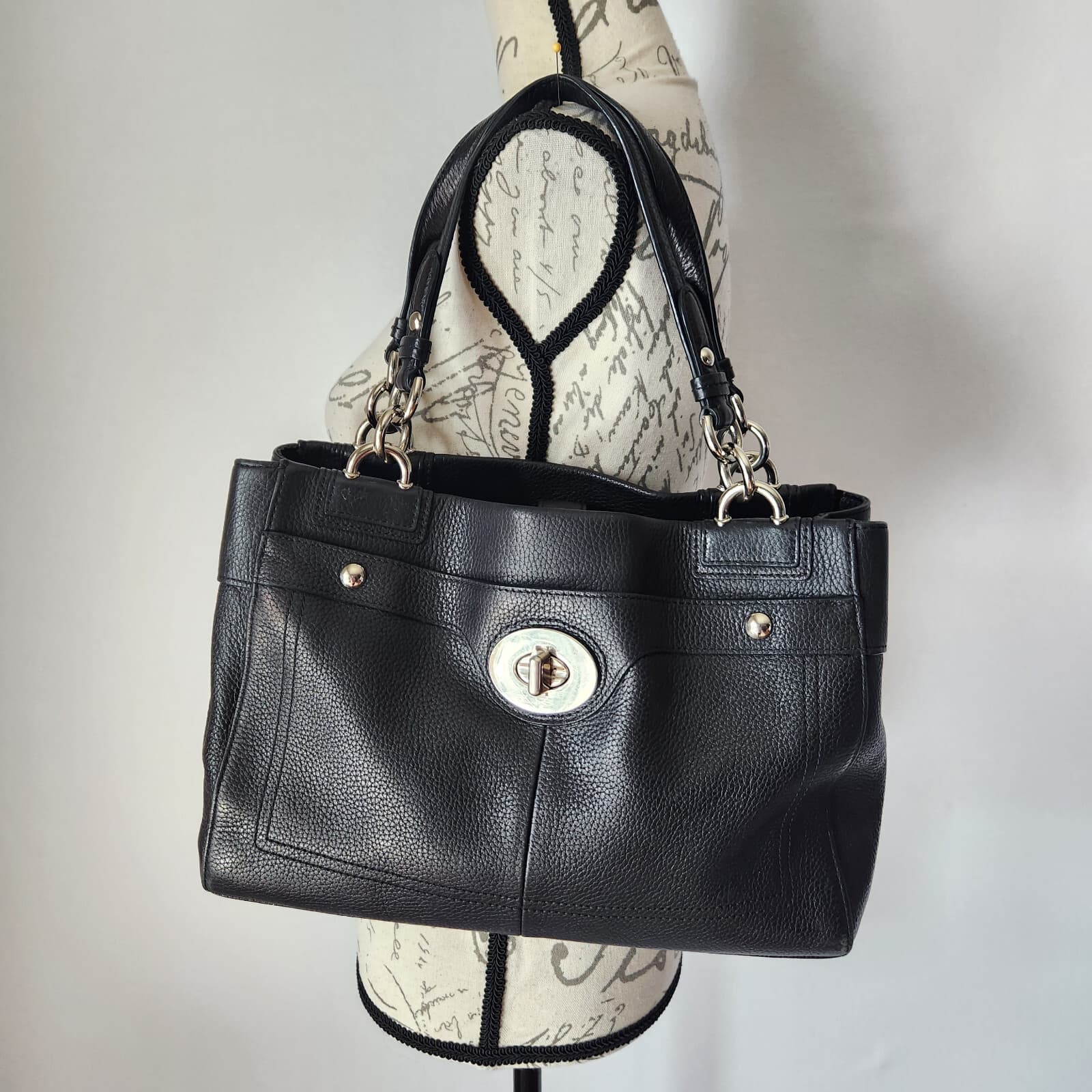 Coach Penelope Black Pebbled Leather Carryall Shoulder Bag Satchel Turn-Lock - Thumbnail 2