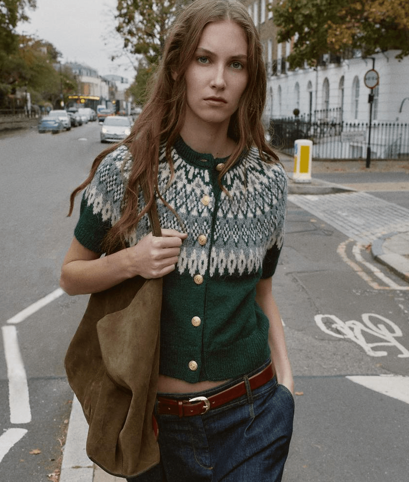 Zara Fair Isle Jacquard Wool Alpca Gold Button Short Sleeve Cardigan Green Sz.M - Thumbnail 7