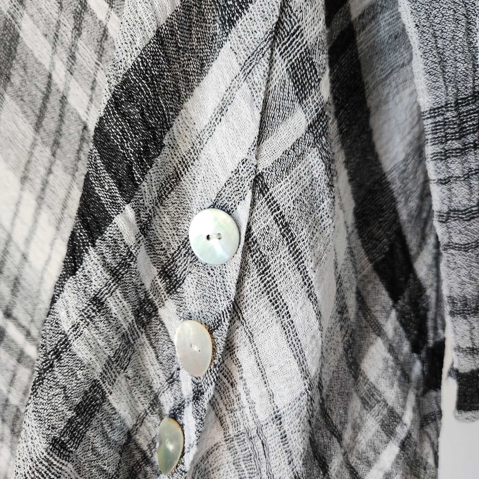 Habitat Lagenlook Linen Blend Crinkle Blouse 3/4 Sleeve Plaid Black Grey Sz.M - Thumbnail 3