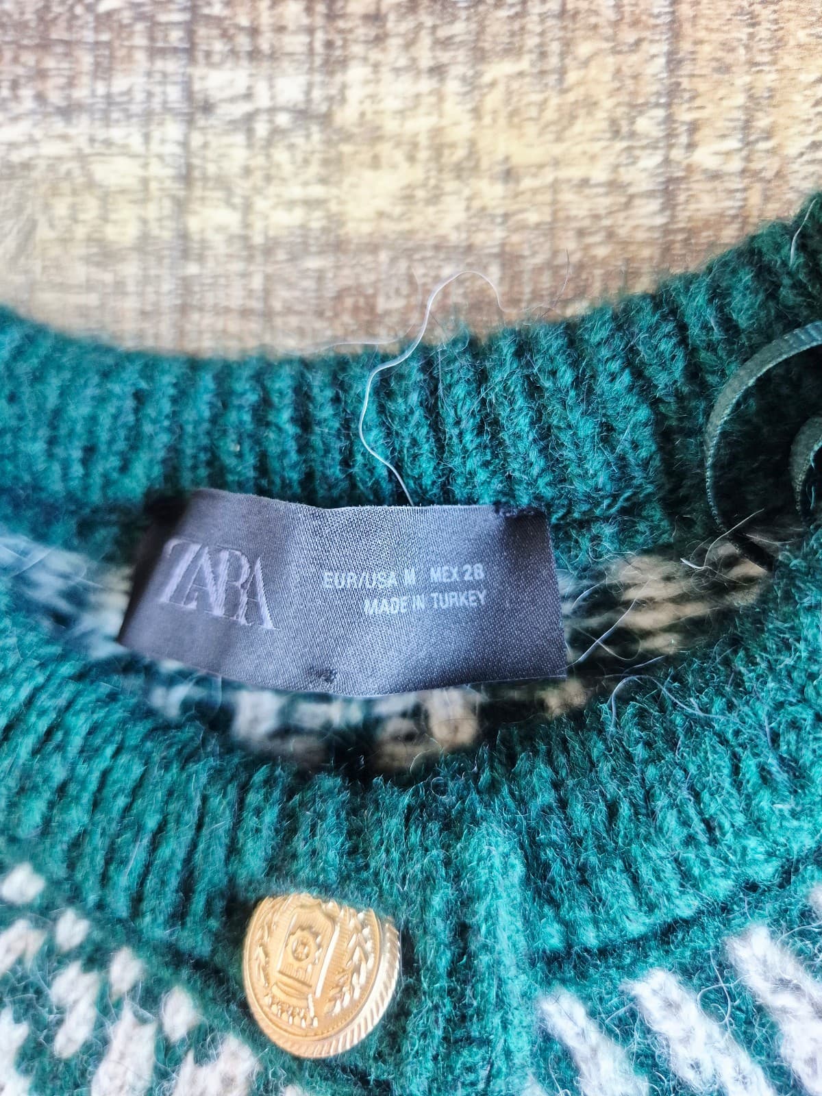 Zara Fair Isle Jacquard Wool Alpca Gold Button Short Sleeve Cardigan Green Sz.M - Thumbnail 13