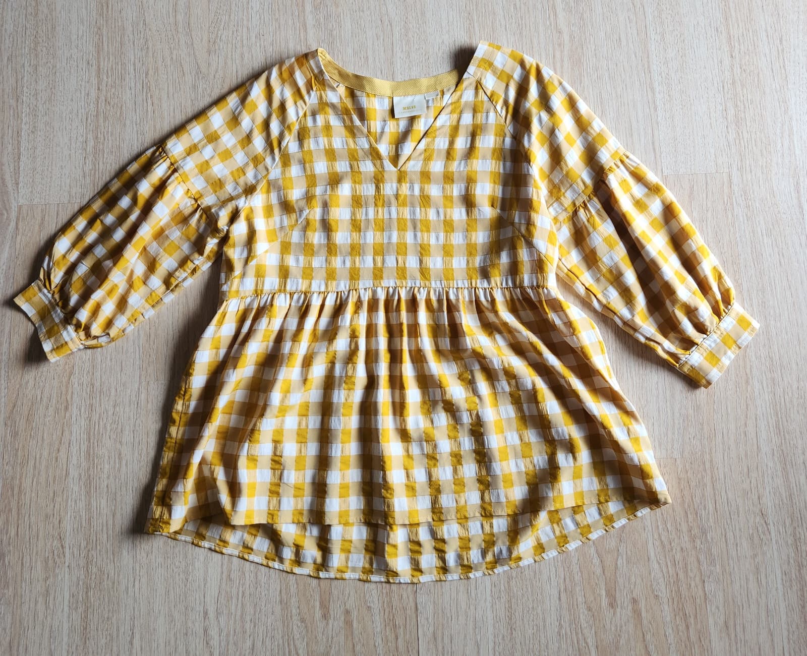 Maeve Anthropologie April Babydoll Blouse 3/4 Sleeve Gingham Yellow White Sz.L - Thumbnail 7