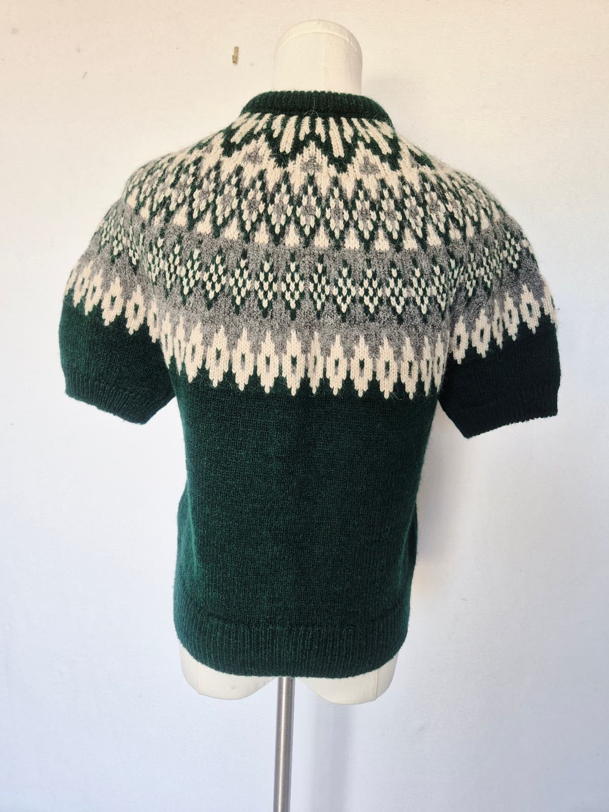 Zara Fair Isle Jacquard Wool Alpca Gold Button Short Sleeve Cardigan Green Sz.M - Thumbnail 11