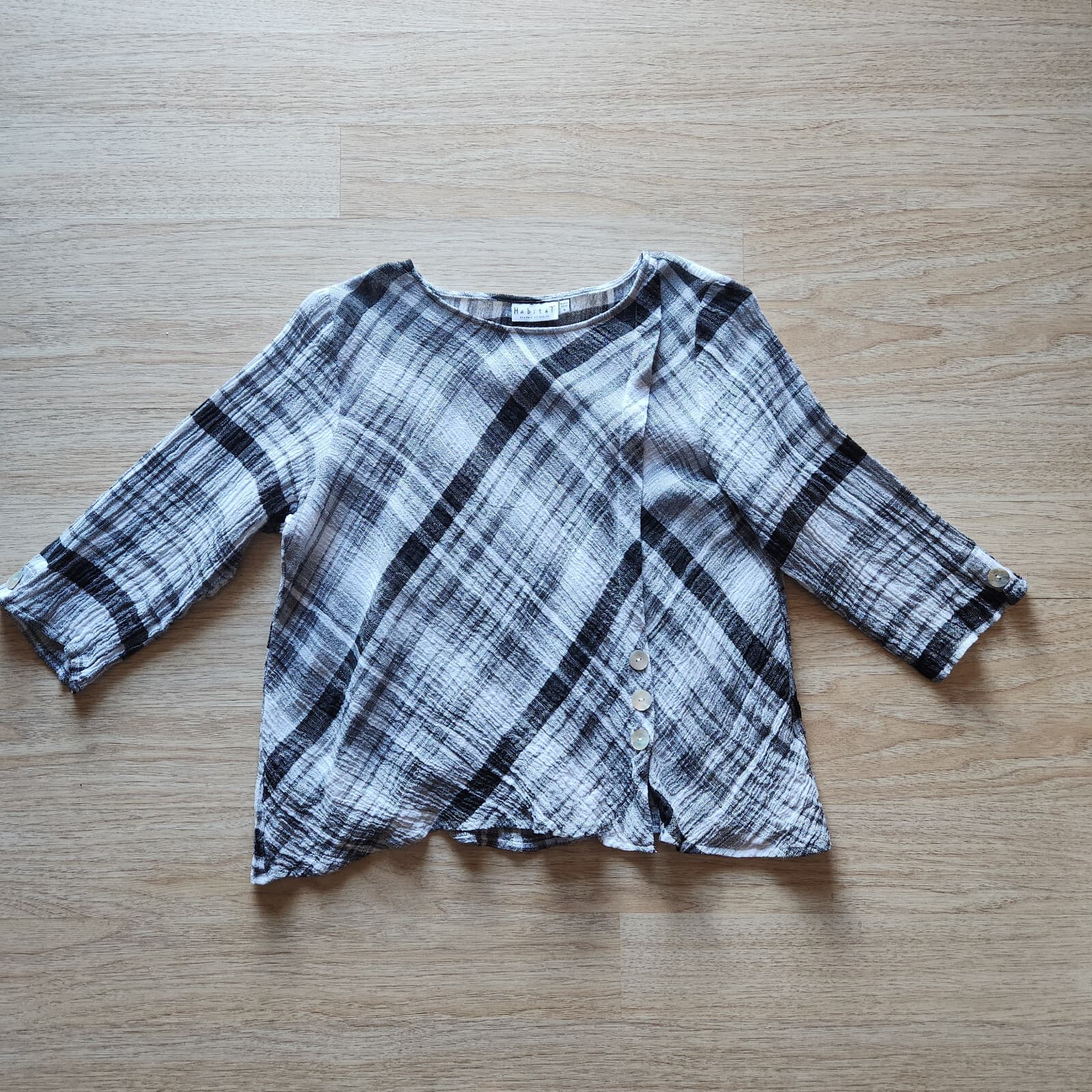 Habitat Lagenlook Linen Blend Crinkle Blouse 3/4 Sleeve Plaid Black Grey Sz.M - Thumbnail 5
