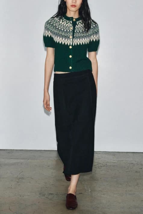 Zara Fair Isle Jacquard Wool Alpca Gold Button Short Sleeve Cardigan Green Sz.M - Thumbnail 6