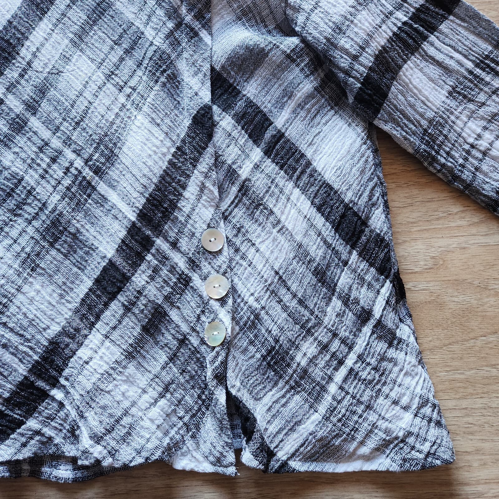 Habitat Lagenlook Linen Blend Crinkle Blouse 3/4 Sleeve Plaid Black Grey Sz.M - Thumbnail 7