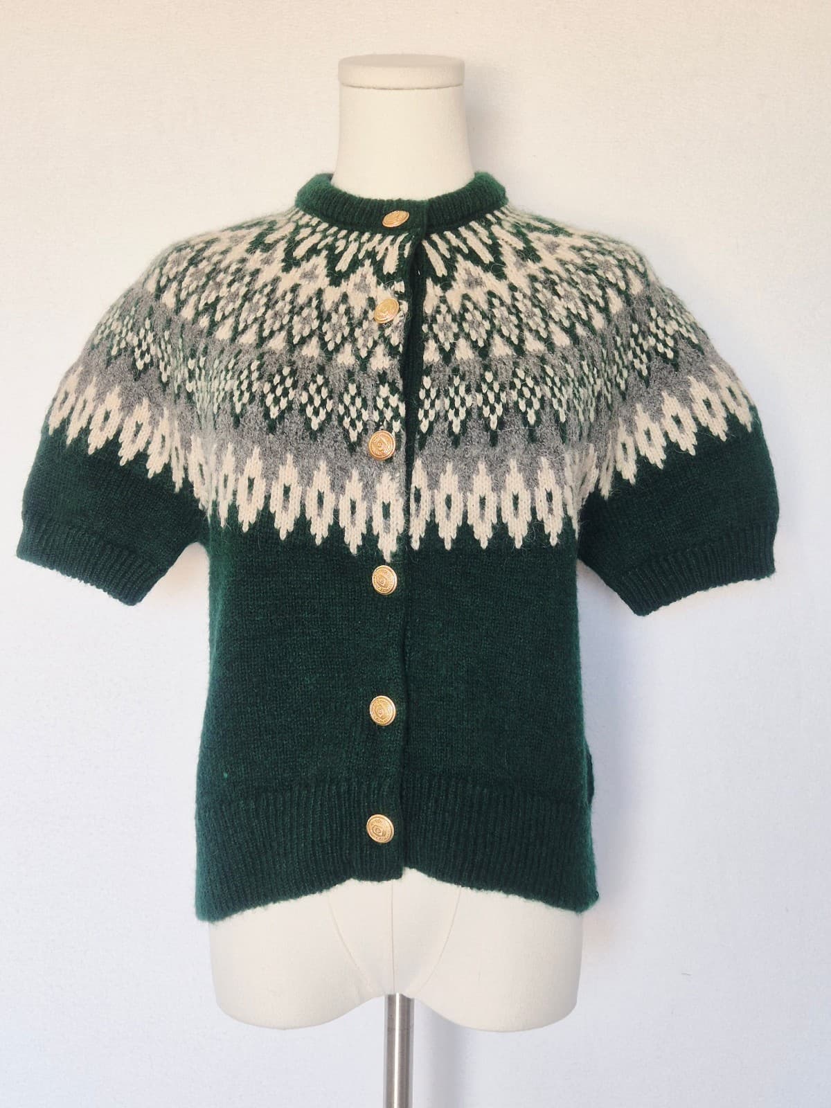 Zara Fair Isle Jacquard Wool Alpca Gold Button Short Sleeve Cardigan Green Sz.M - Thumbnail 4