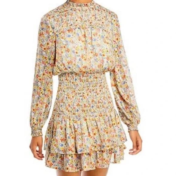 AQUA Allover Floral Romantic Smoked Waist Ruffle Mini Dress Chiffon Yellow Sz.XL - Thumbnail 5