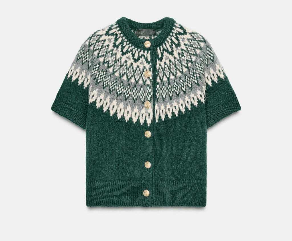 Zara Fair Isle Jacquard Wool Alpca Gold Button Short Sleeve Cardigan Green Sz.M - Thumbnail 3