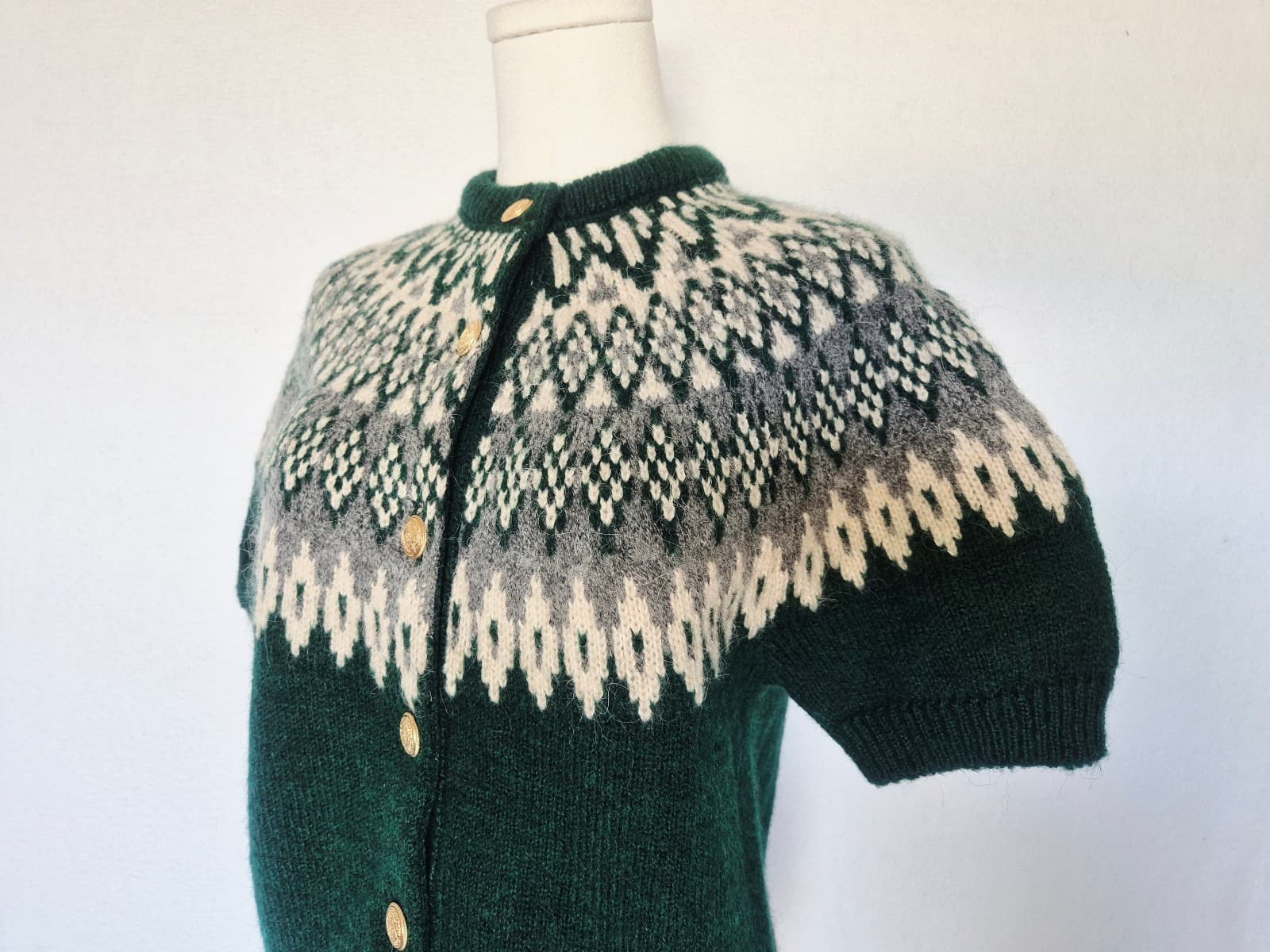 Zara Fair Isle Jacquard Wool Alpca Gold Button Short Sleeve Cardigan Green Sz.M - Thumbnail 9