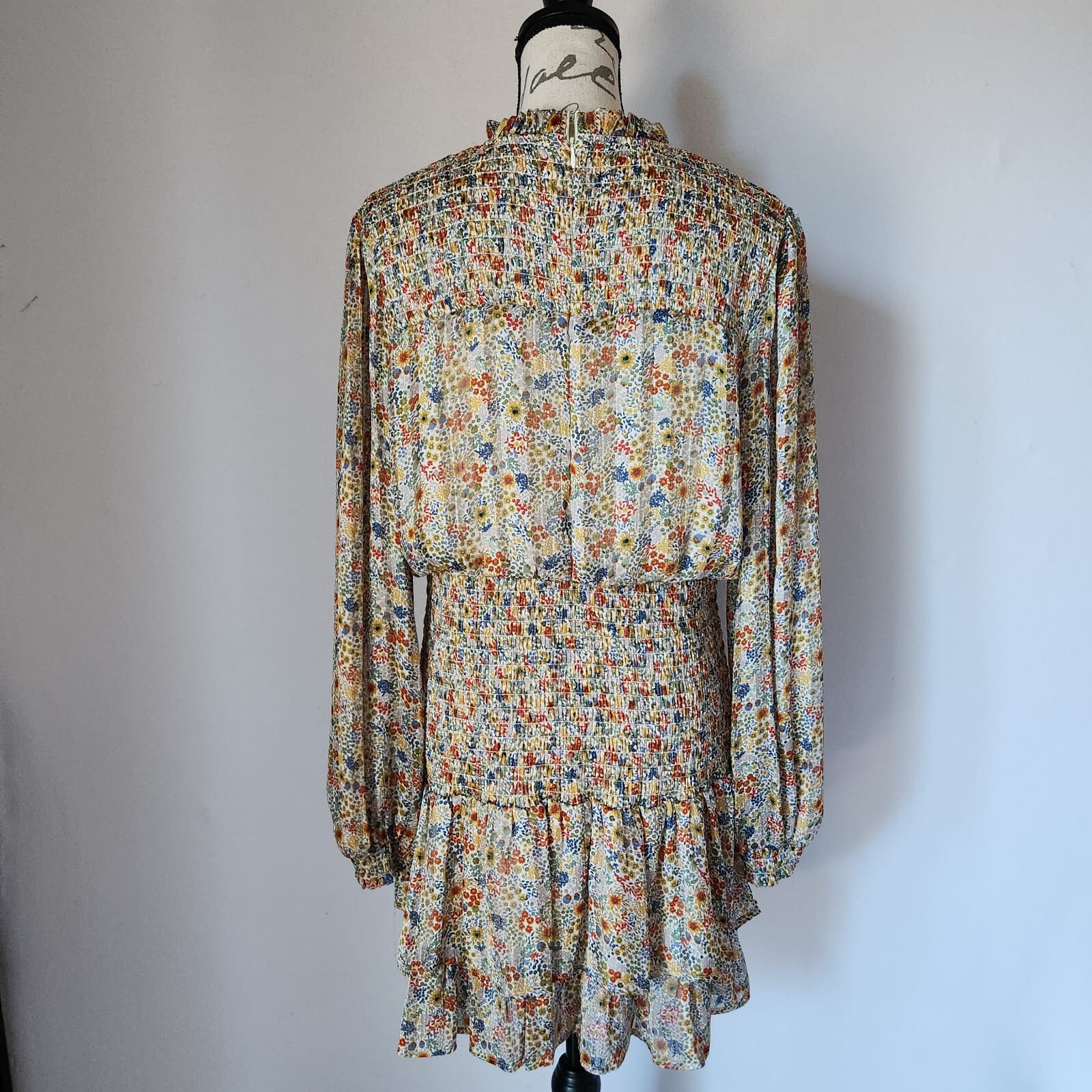 AQUA Allover Floral Romantic Smoked Waist Ruffle Mini Dress Chiffon Yellow Sz.XL - Thumbnail 8