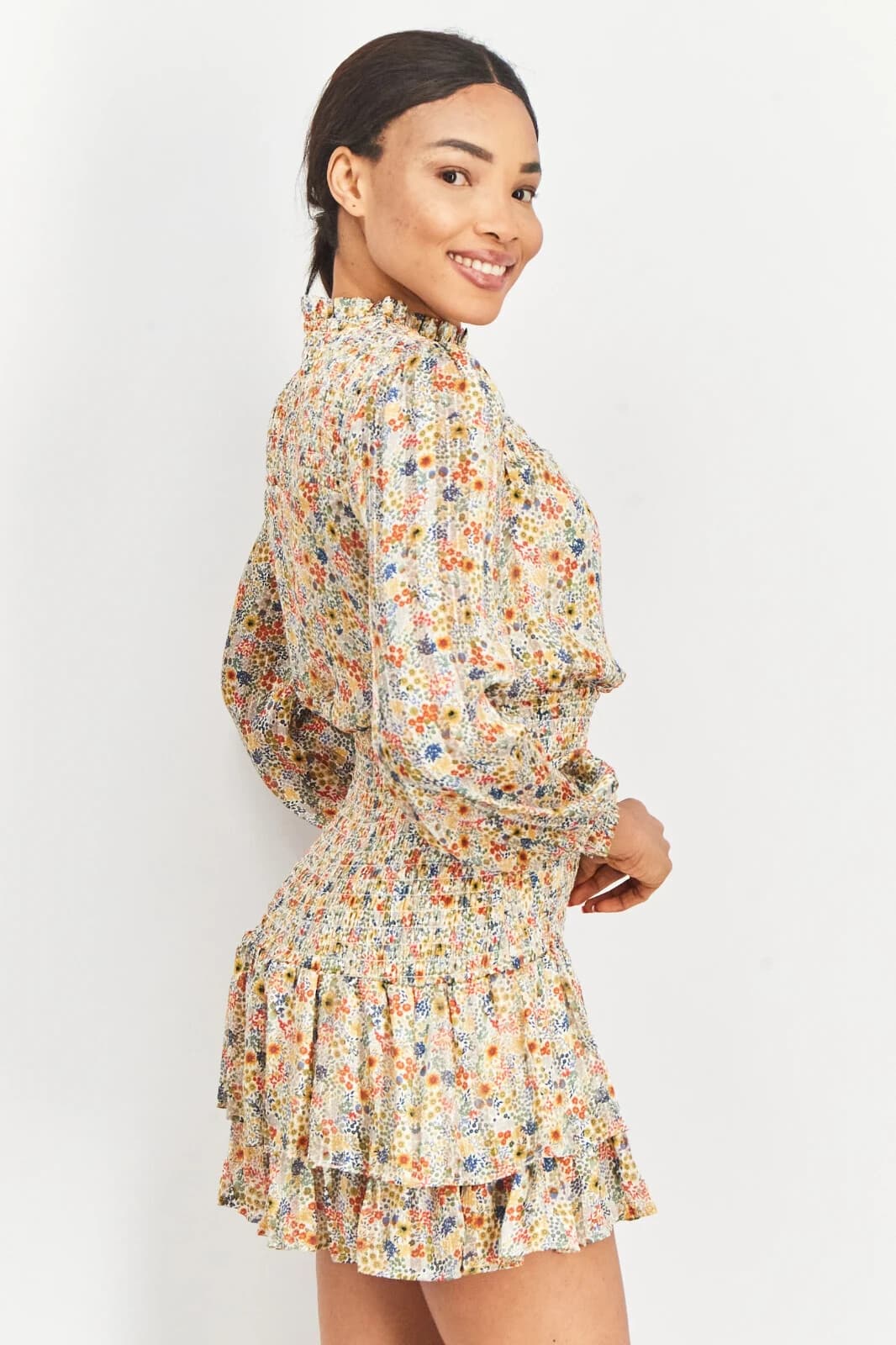 AQUA Allover Floral Romantic Smoked Waist Ruffle Mini Dress Chiffon Yellow Sz.XL