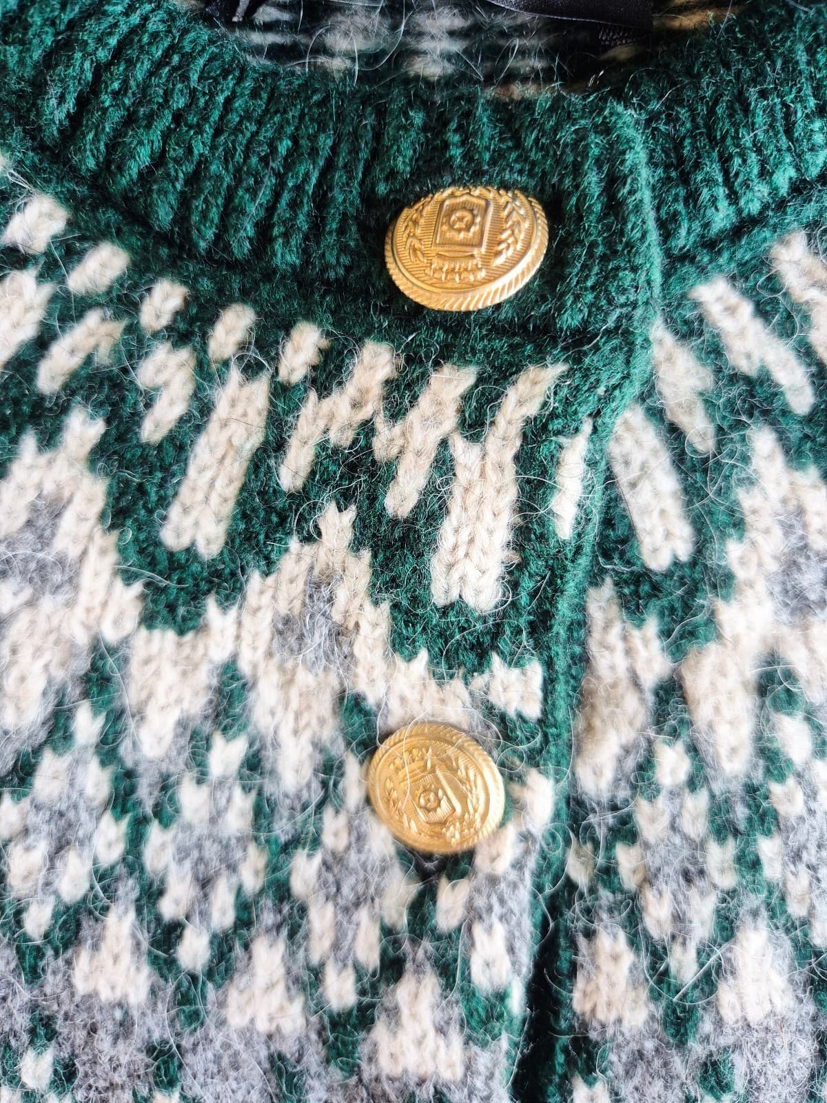 Zara Fair Isle Jacquard Wool Alpca Gold Button Short Sleeve Cardigan Green Sz.M - Thumbnail 12