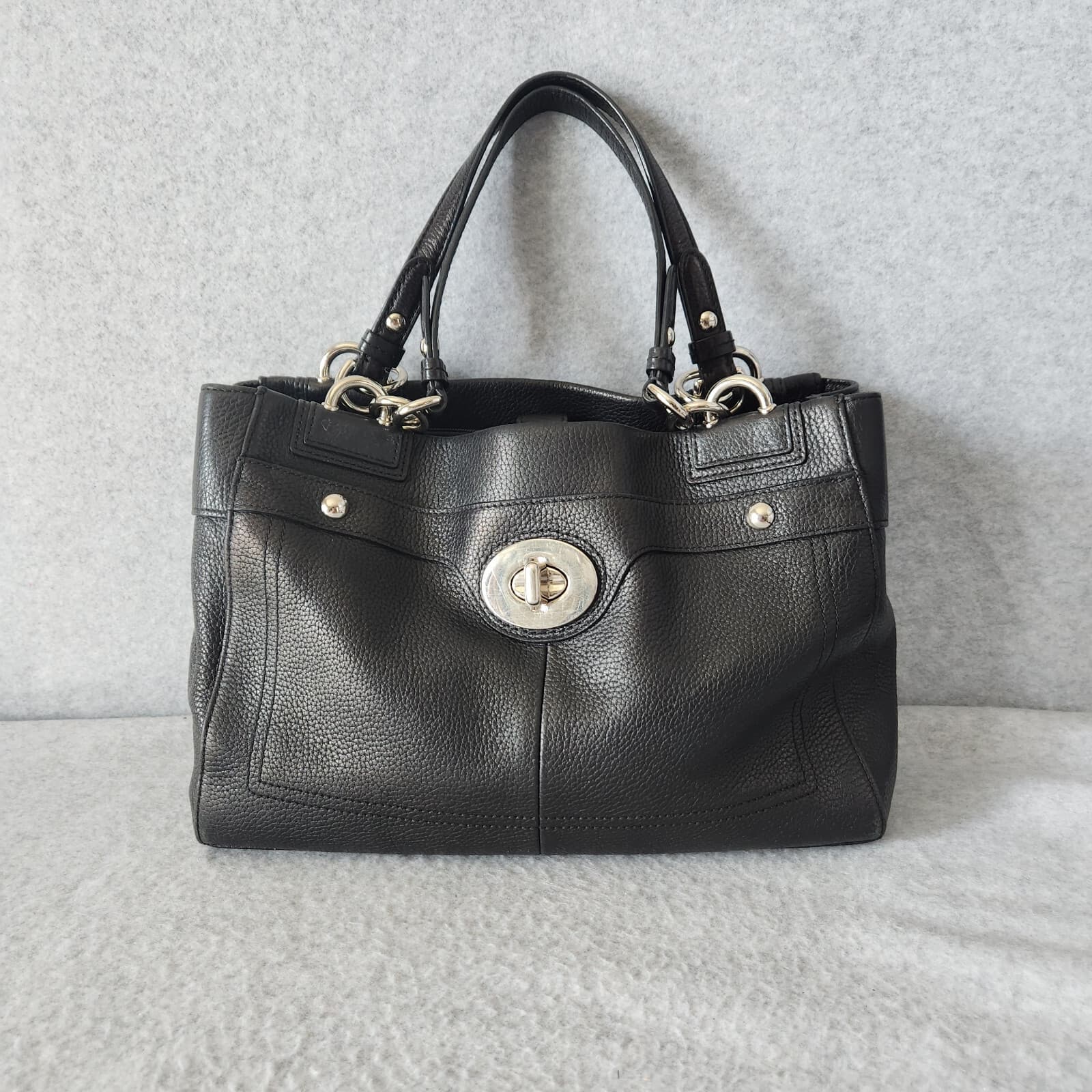 Coach Penelope Black Pebbled Leather Carryall Shoulder Bag Satchel Turn-Lock - Thumbnail 4