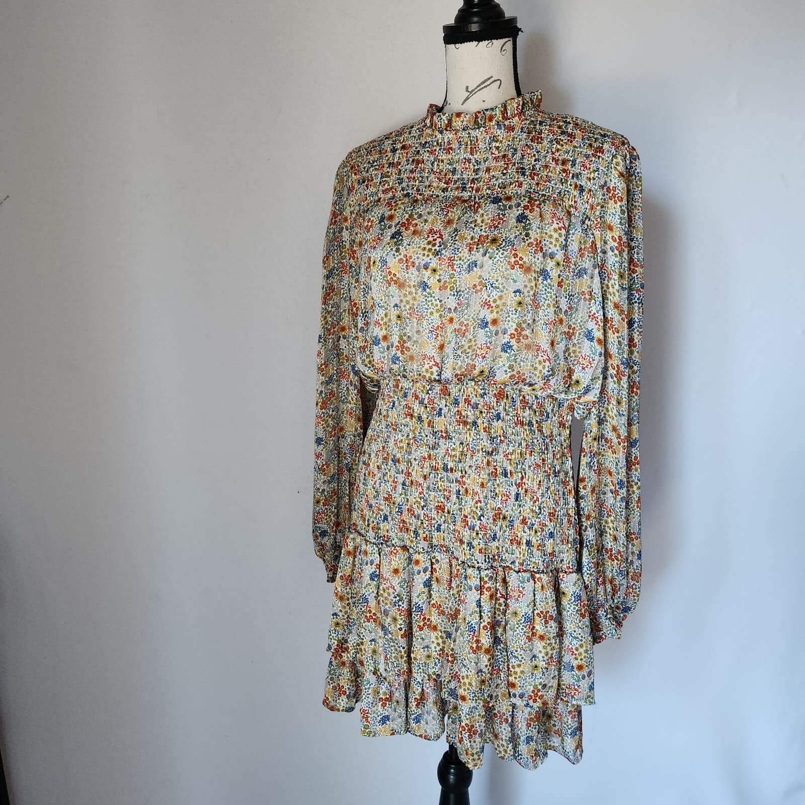 AQUA Allover Floral Romantic Smoked Waist Ruffle Mini Dress Chiffon Yellow Sz.XL - Thumbnail 4