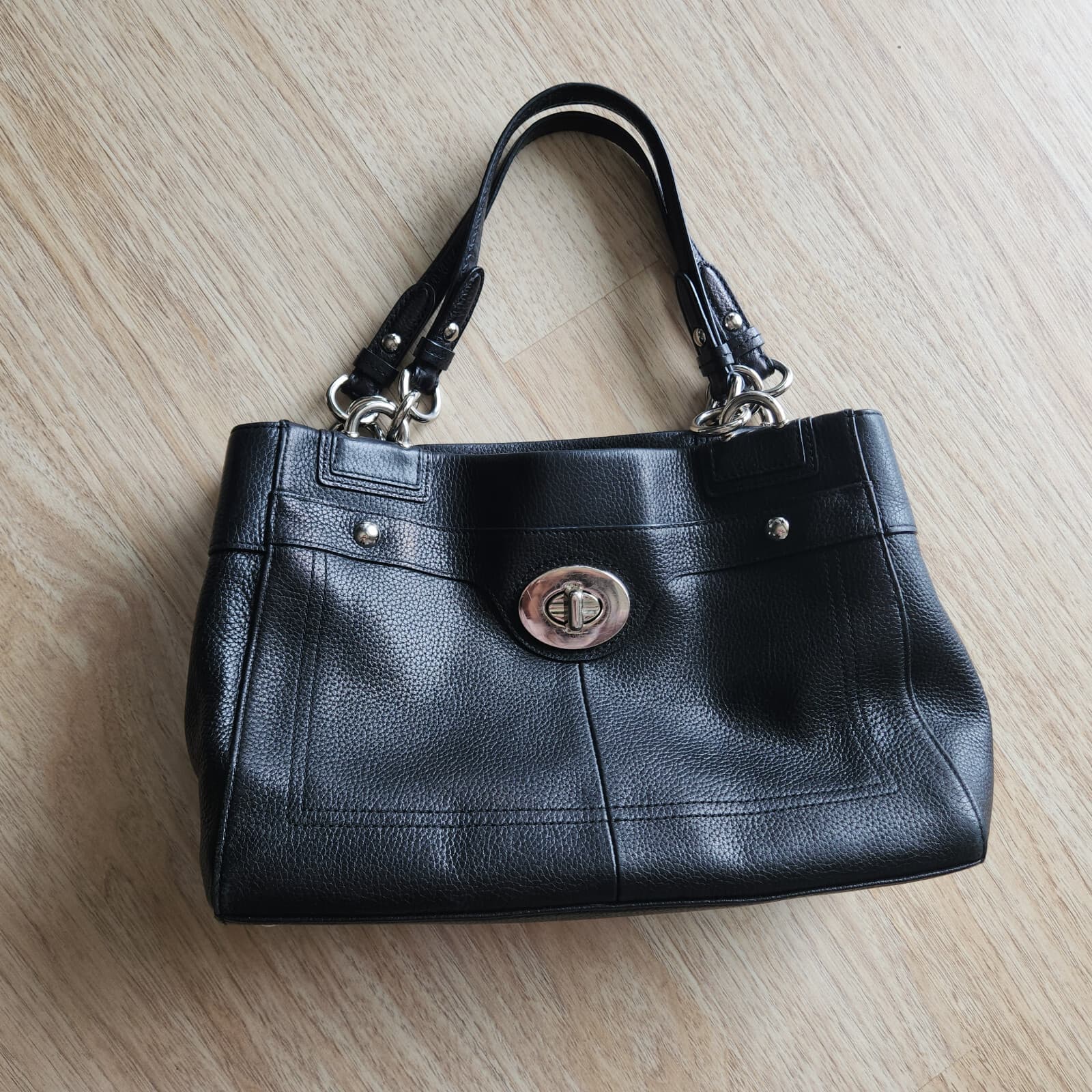 Coach Penelope Black Pebbled Leather Carryall Shoulder Bag Satchel Turn-Lock - Thumbnail 3