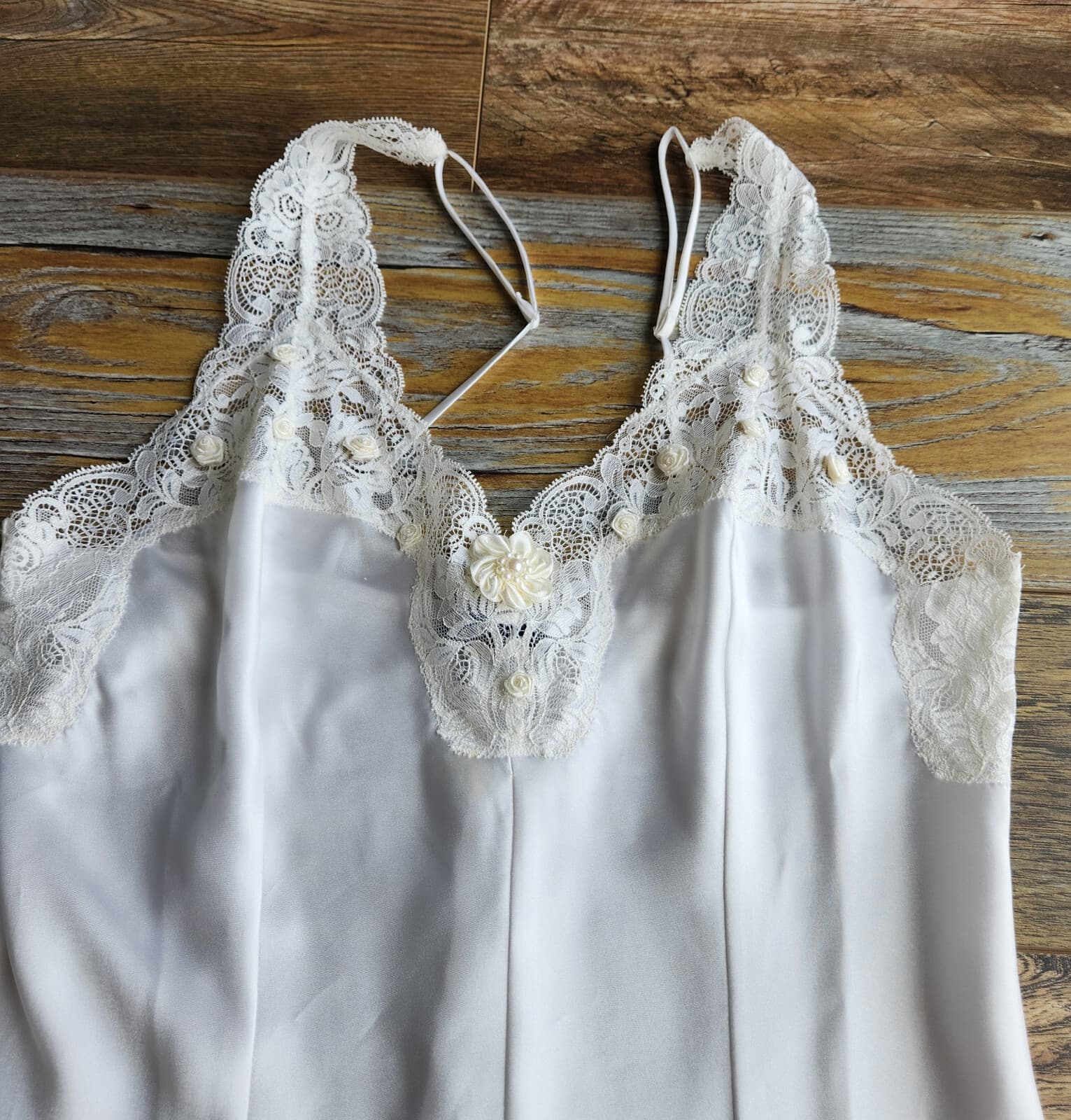 Vintage Jolynn Lace Beaded Satin Bridal Midi Slip Dress Nightwear White Sz.M - Thumbnail 5