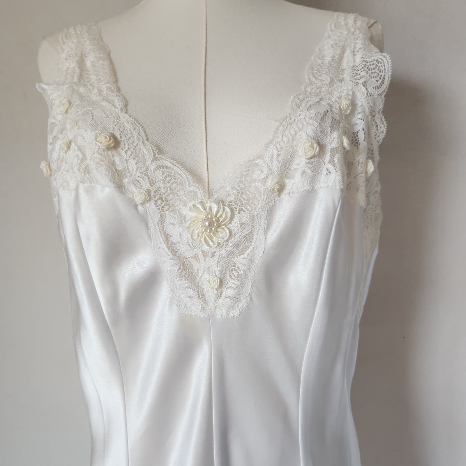 Vintage Jolynn Lace Beaded Satin Bridal Midi Slip Dress Nightwear White Sz.M - Thumbnail 4