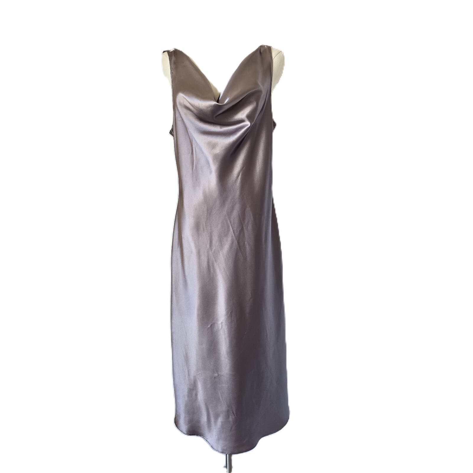 Private Luxuries Satin Draped Cowl Neck Midi Slip Night Dress Metallic Grey Sz.M - Thumbnail 2