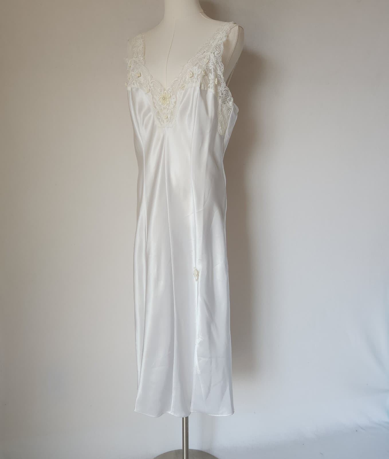 Vintage Jolynn Lace Beaded Satin Bridal Midi Slip Dress Nightwear White Sz.M - Thumbnail 2
