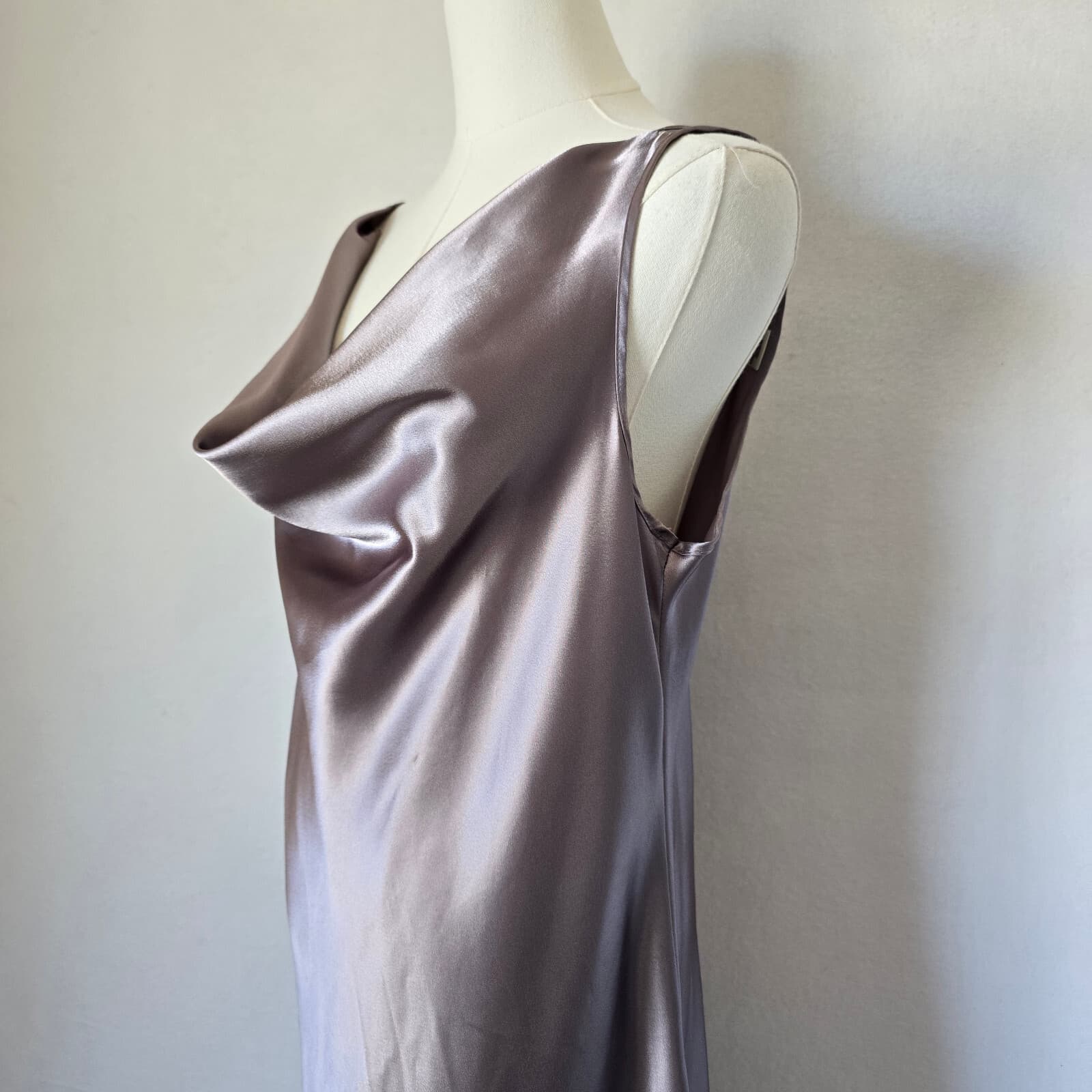 Private Luxuries Satin Draped Cowl Neck Midi Slip Night Dress Metallic Grey Sz.M - Thumbnail 3